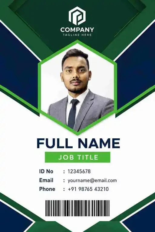 Office Id Card Design visual with card green template dark navy blue logo