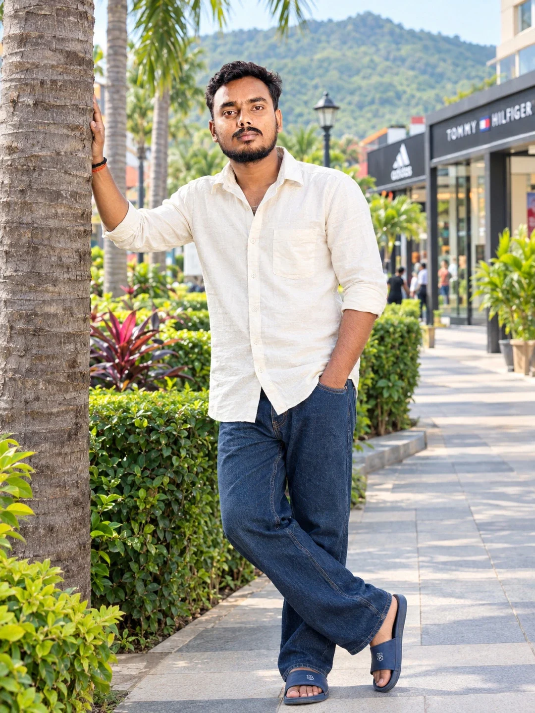 आउटडोर फैशन भारतीय प्राकृतिक खड़े खरीदारी के साथ पाम ट्री पोज़ दृश्य स्वाभाविक रूप से