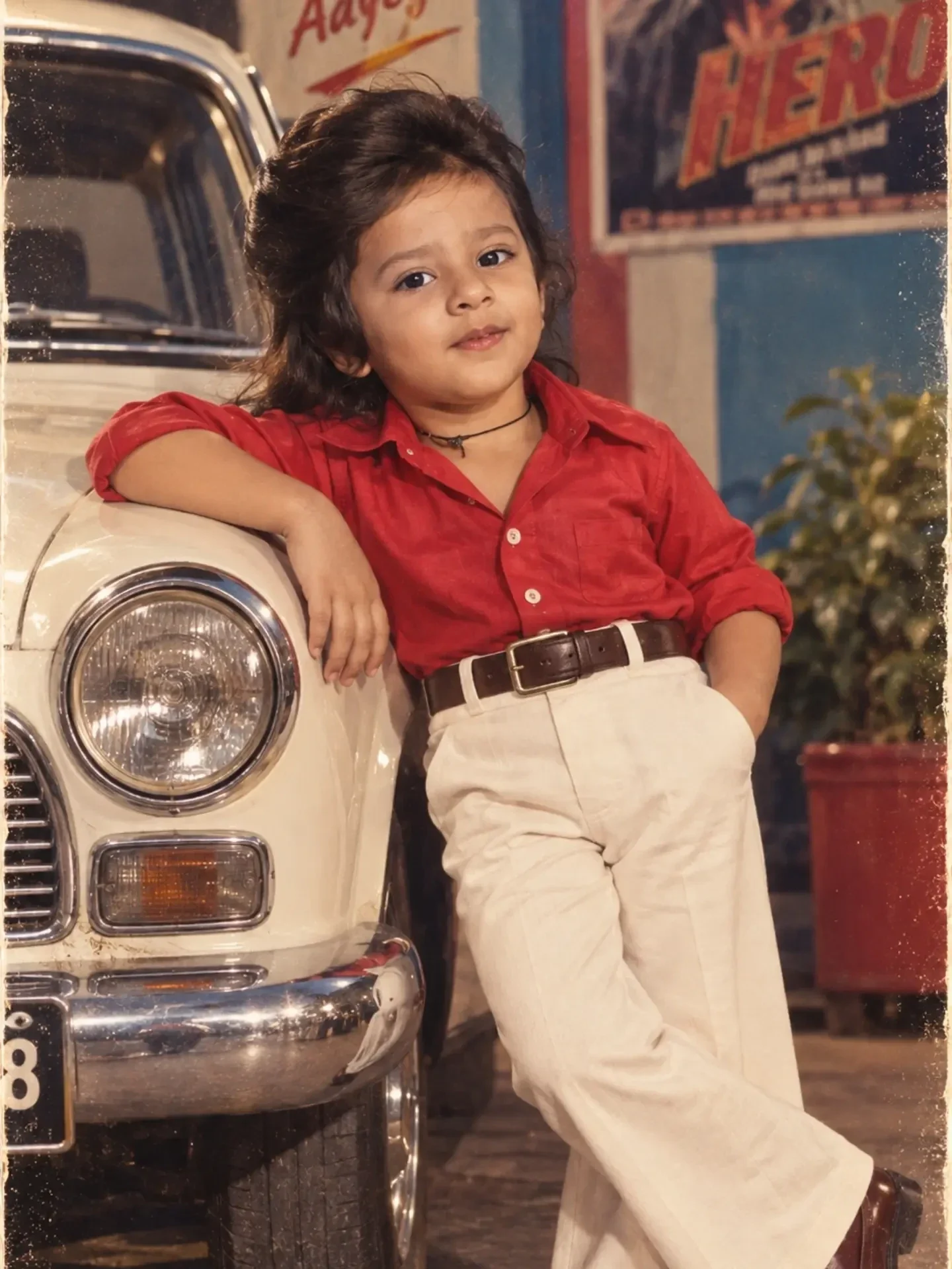 रेट्रो गोल्डन सिनेमाई सटीक बच्चे के चेहरे के साथ रेट्रो बॉलीवुड गोल्डन विजुअल, अति-यथार्थवादी