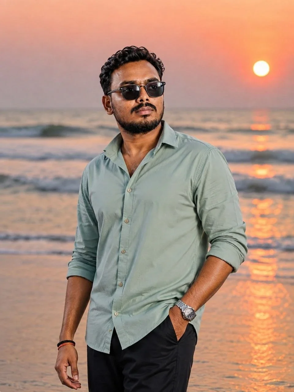 Story Cinematic Sunset visual with cinematic sunset wet sand horizon light his