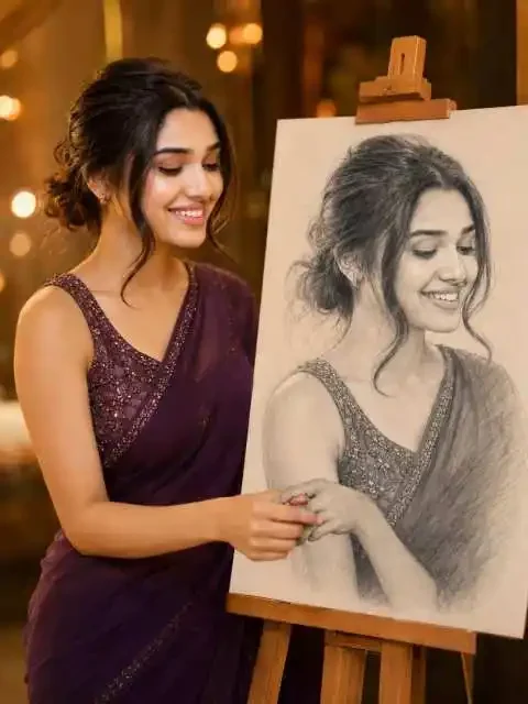 कहानी भारतीय सिनेमाई दृश्य के साथ भारतीय सिनेमाई स्केच चेहरा महिला पेंसिल नरम