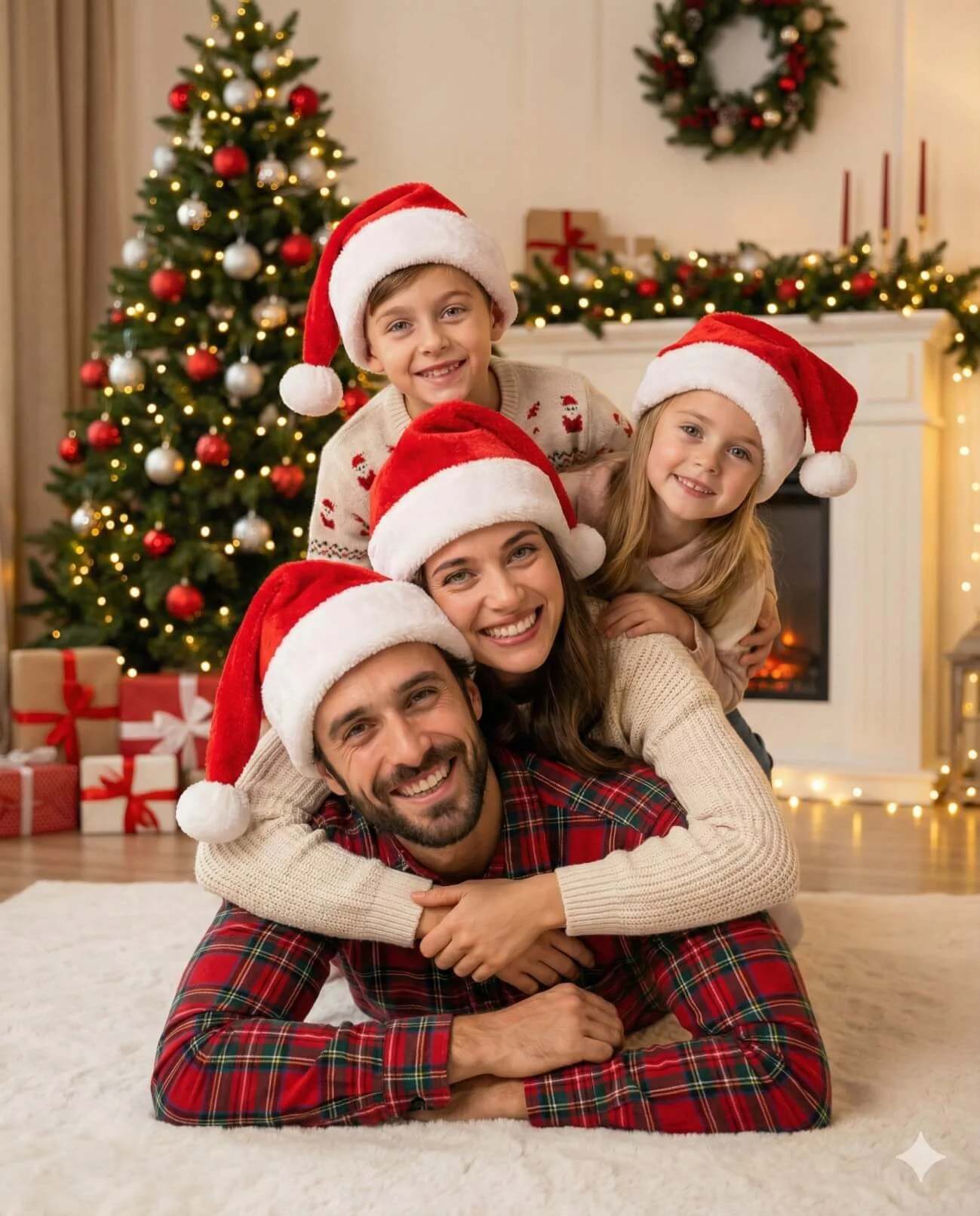 Family of four smiling in a playful stacked pose on a white rug at Christmas