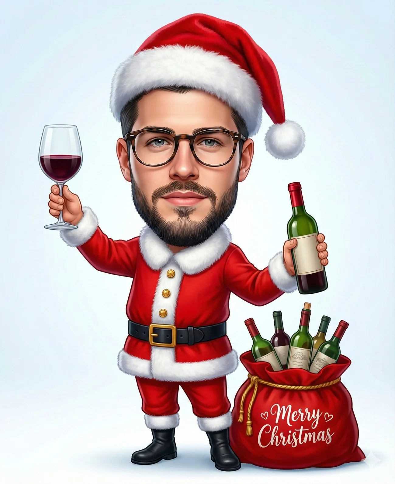 Caricature Santa holding red wine beside a gift sack filled with green bottles