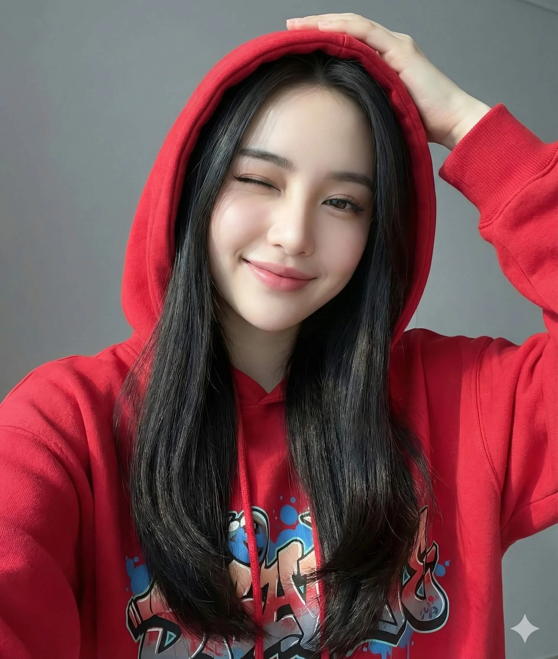 Smiling woman in a red graffiti hoodie taking an indoor selfie with one eye closed