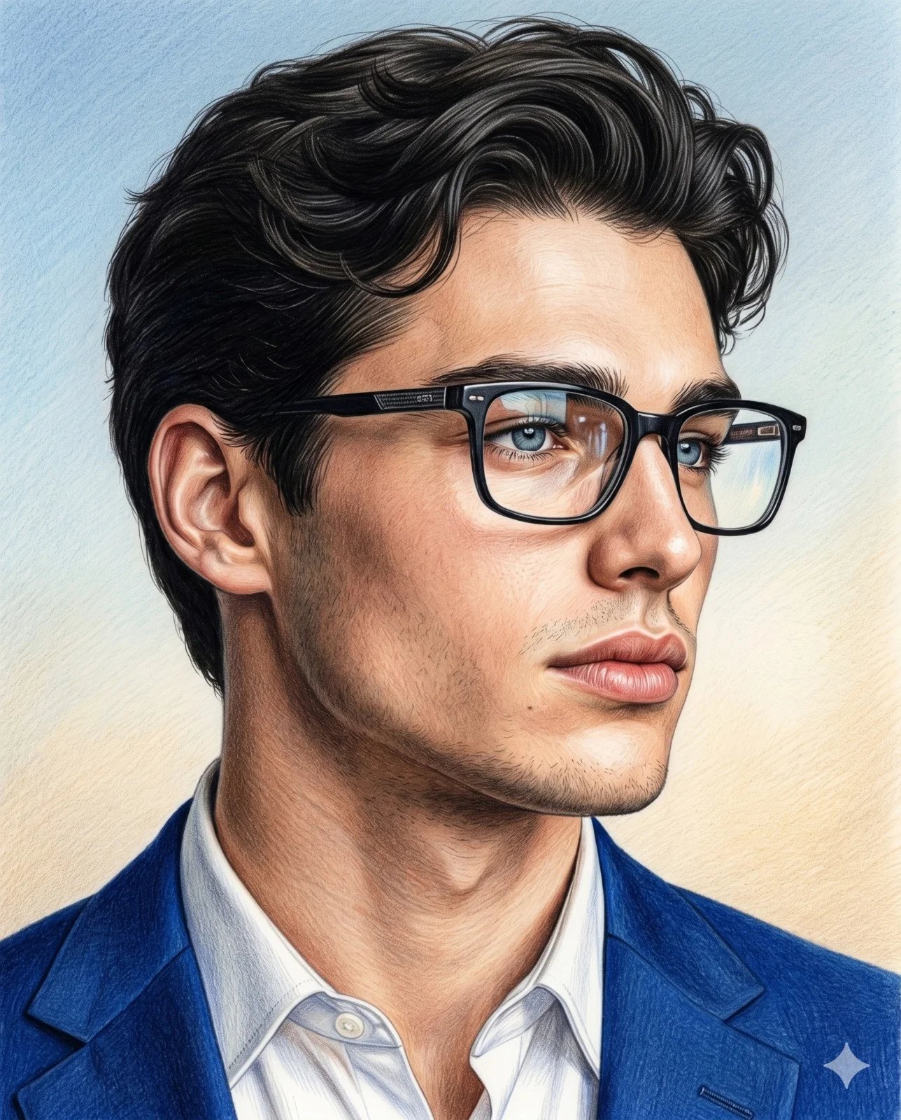 Thoughtful man in black rectangular glasses and a royal-blue blazer drawn in colored pencil