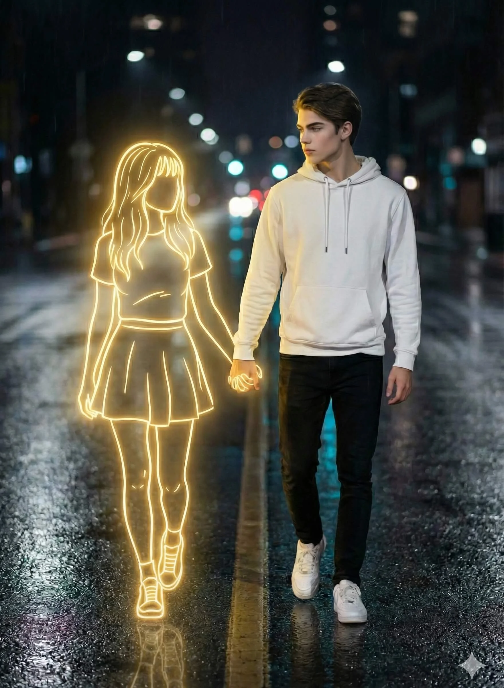 Man in a white hoodie walking hand in hand with a glowing golden neon woman at night