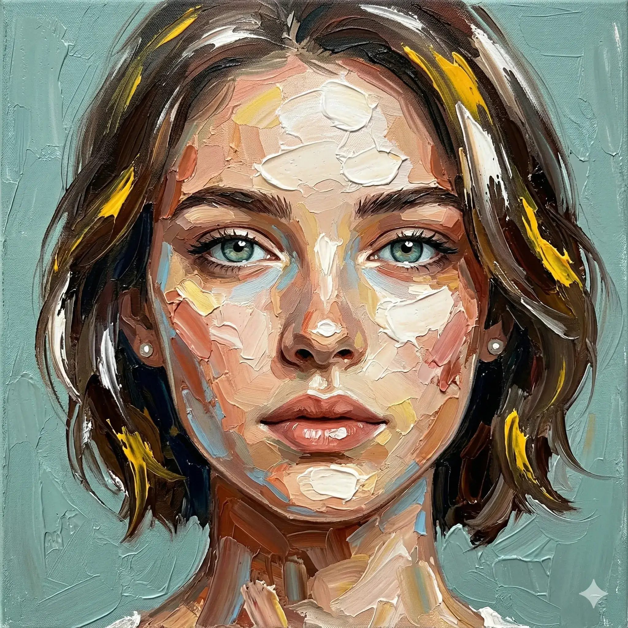 Front-facing woman with seafoam eyes painted in thick impasto against a teal background