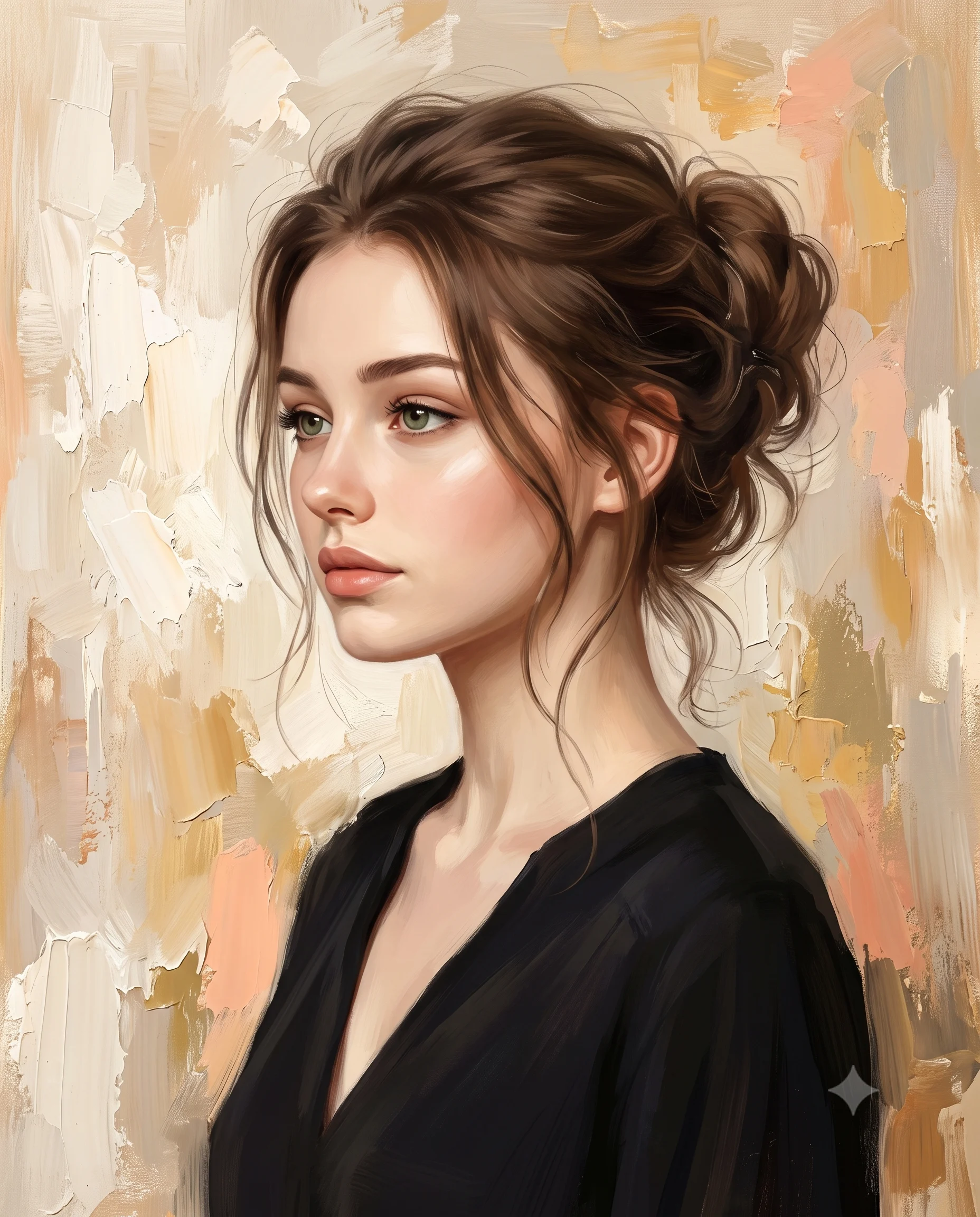 Woman with a loose messy bun and black blouse in a warm neutral impasto portrait
