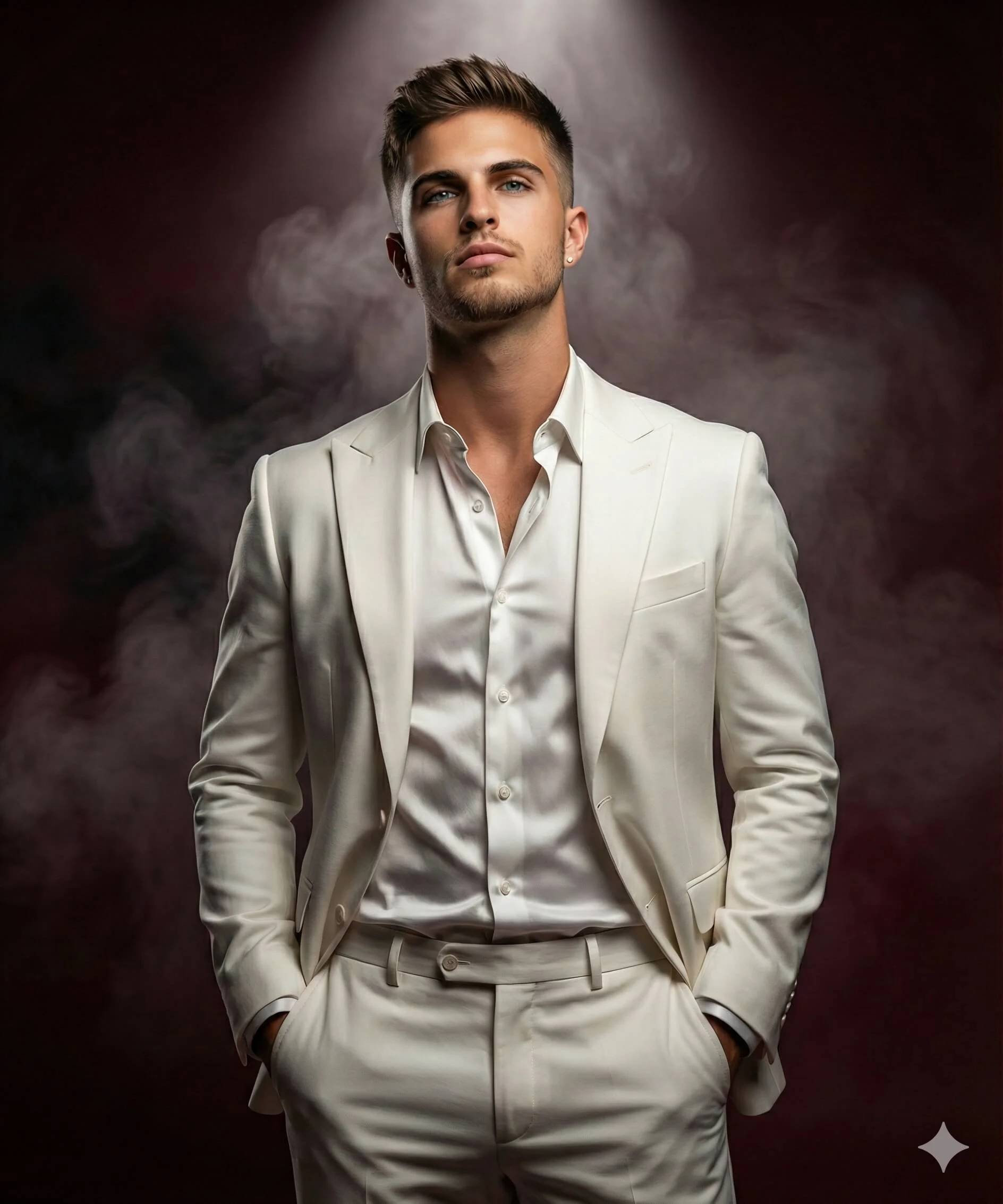 Man in a fitted white suit standing under a dramatic spotlight with drifting smoke