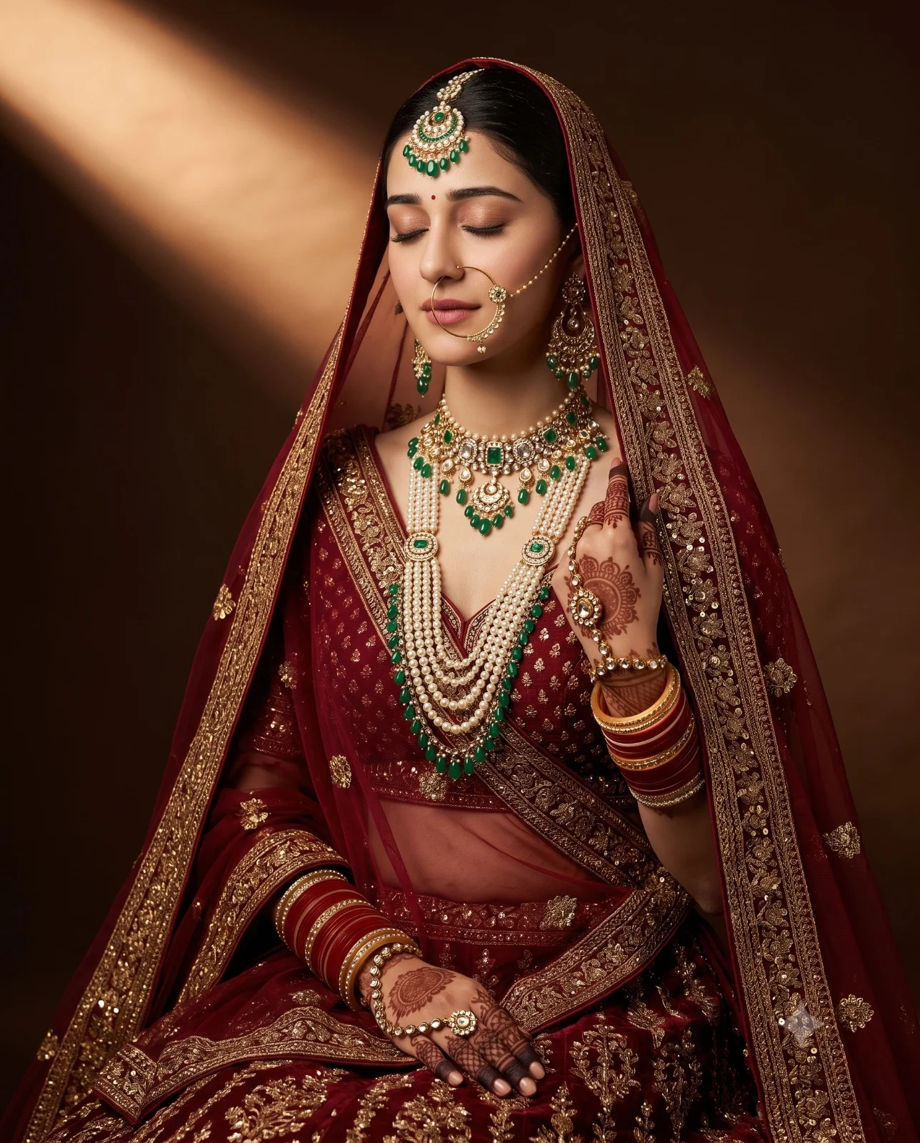 Indian bride in a maroon lehenga and emerald jewelry lit by a golden studio beam