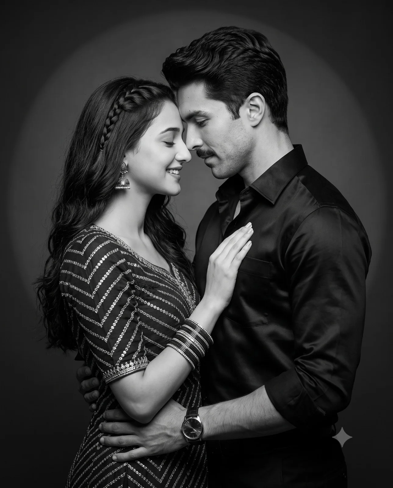Indian couple embracing closely in a black-and-white studio portrait