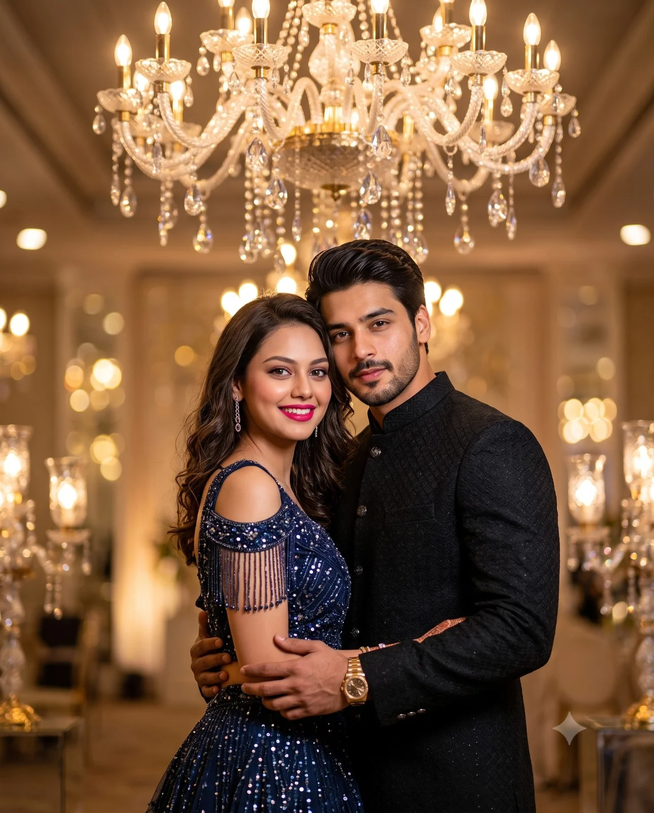 Indian couple in navy and black reception attire embracing beneath crystal chandeliers