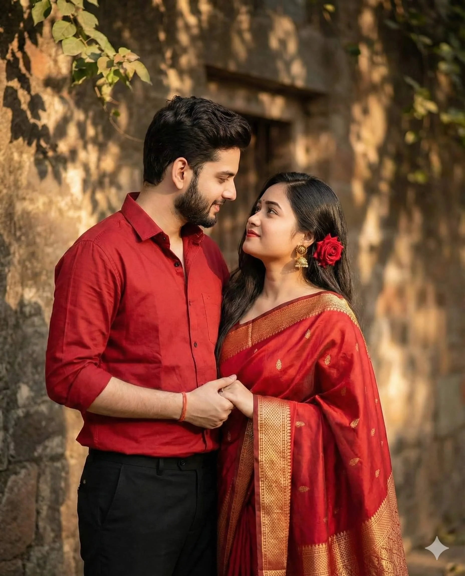 Indian couple holding hands in red clothing beside a rustic sunlit wall