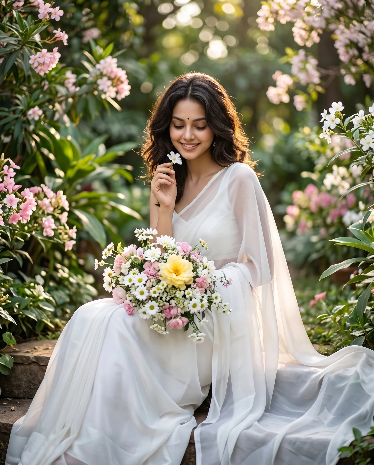 Woman in a flowing white saree holding a flower bouquet in a sunlit garden