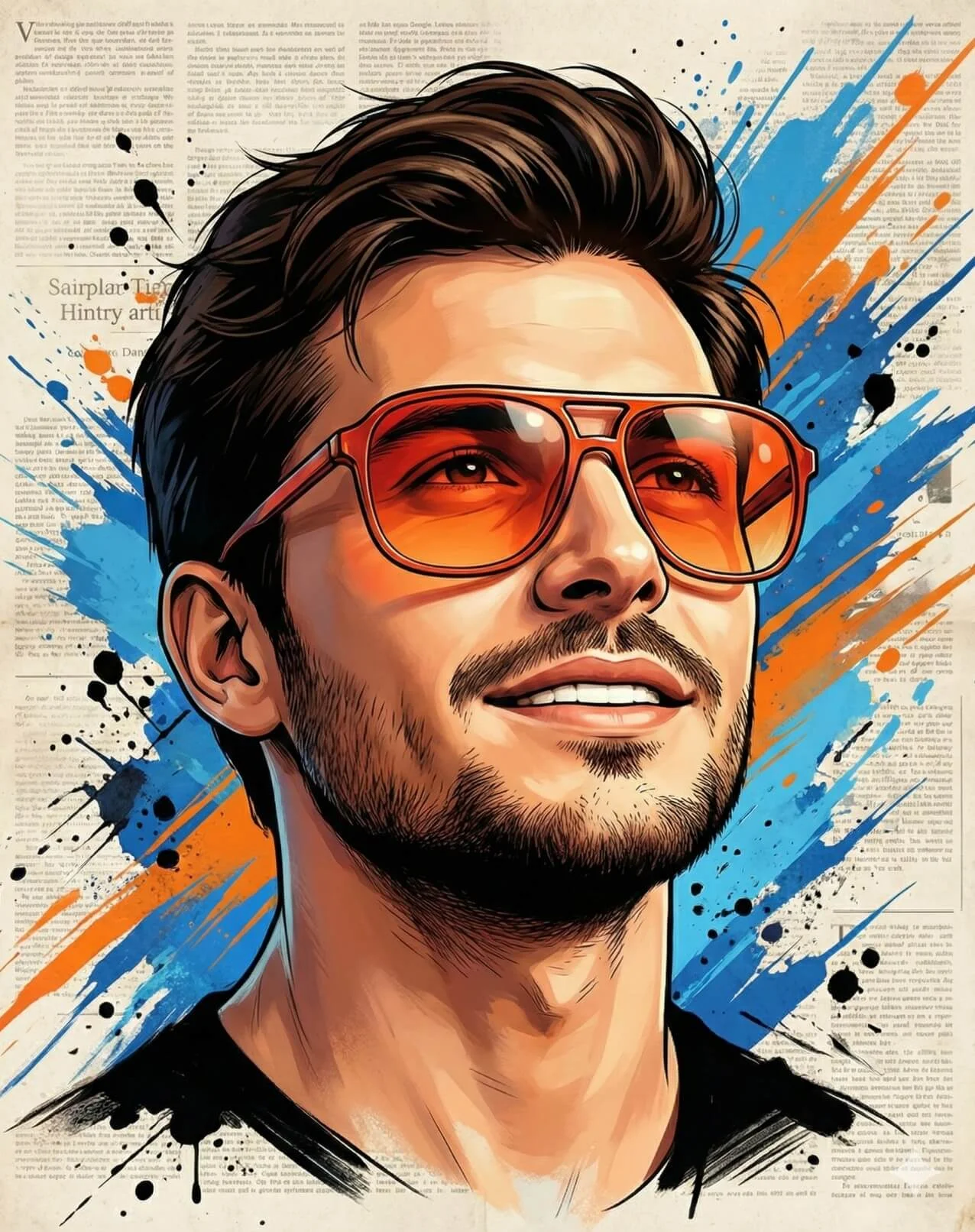 Thoughtful man in orange-red sunglasses surrounded by expressive ink splashes