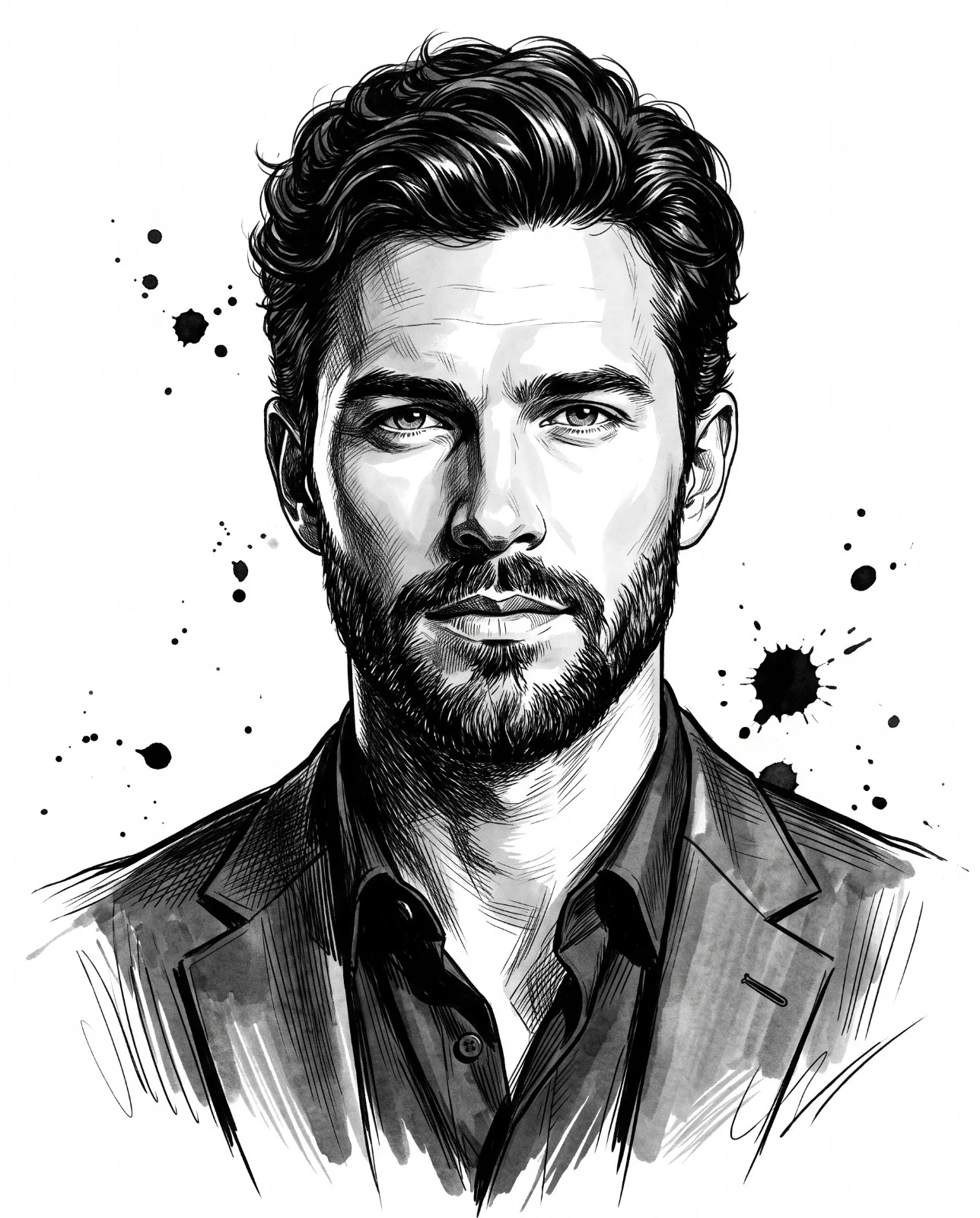 Centered bearded man in a blazer drawn with black ink lines and scattered splatters