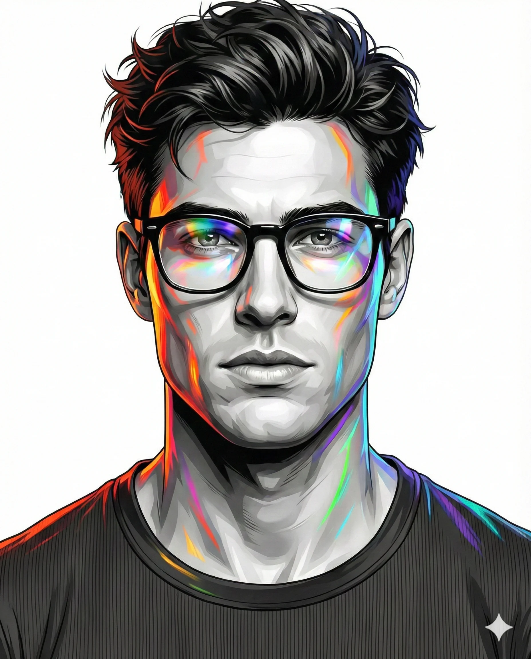 Front-facing male portrait with colorful geometric accents on a clean white background