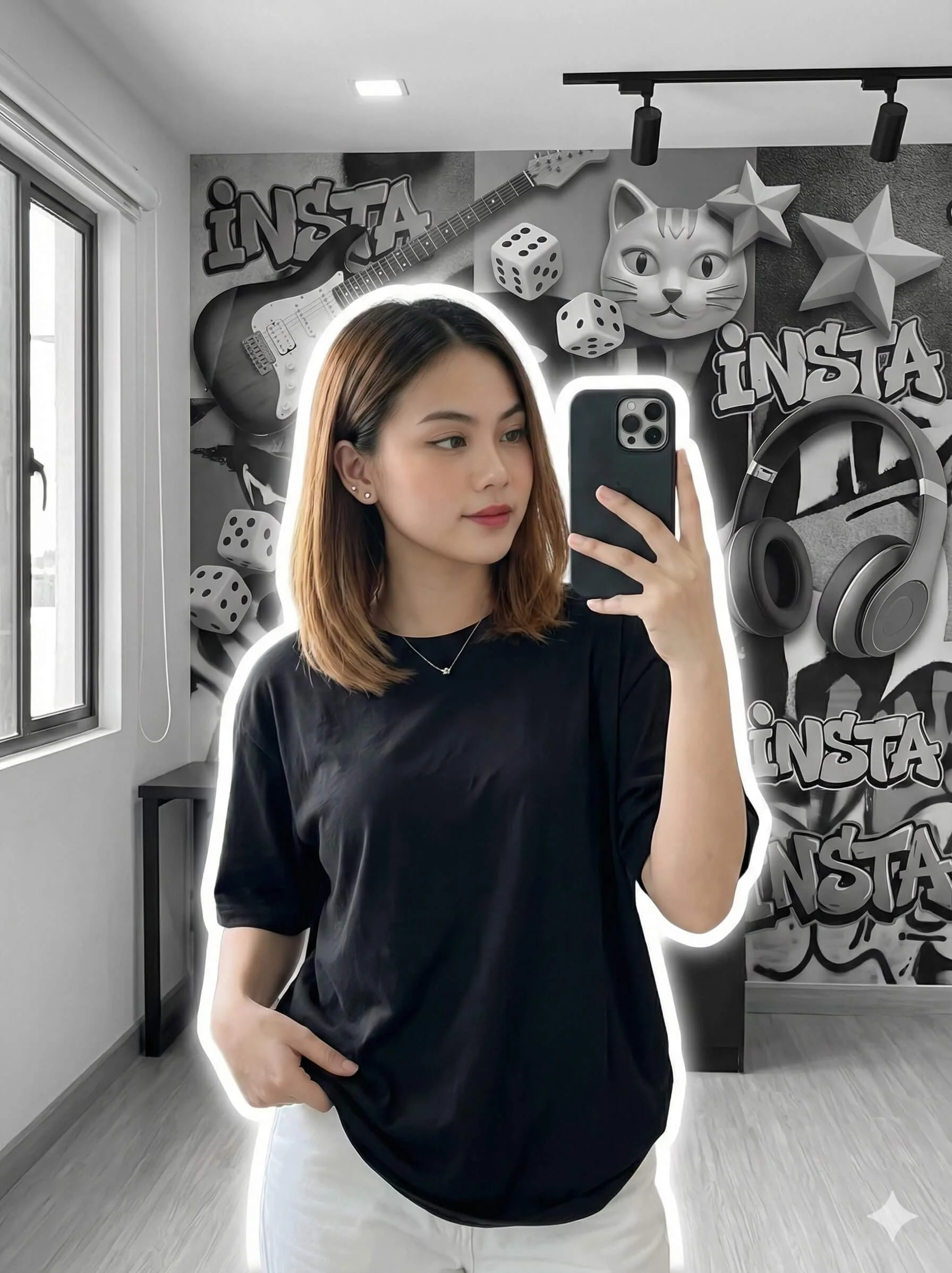 Woman taking a mirror selfie before a grayscale collage of music and graffiti elements