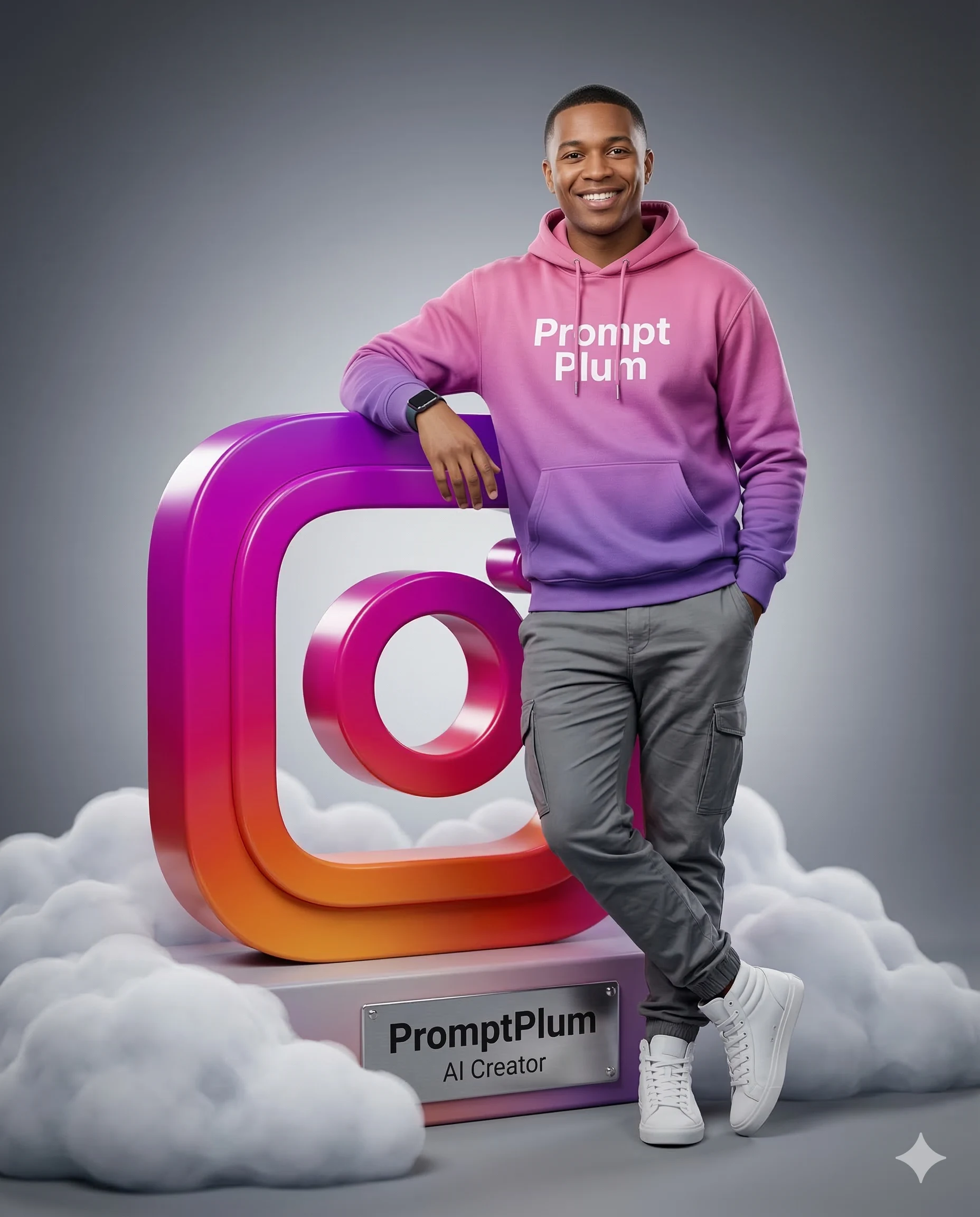 Smiling creator in gradient streetwear leaning against a giant Instagram logo above clouds