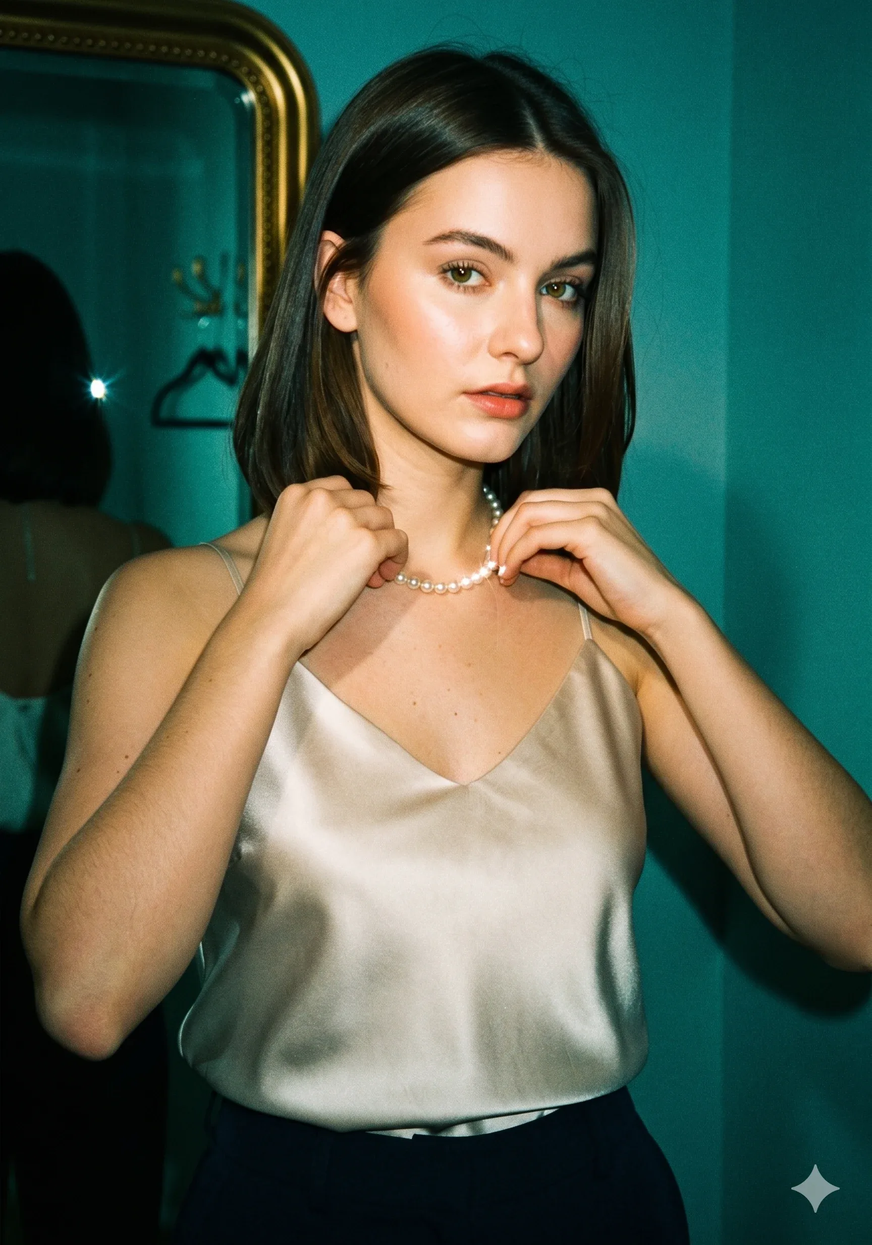 Young woman in a satin camisole adjusting a pearl necklace under direct flash and teal lighting