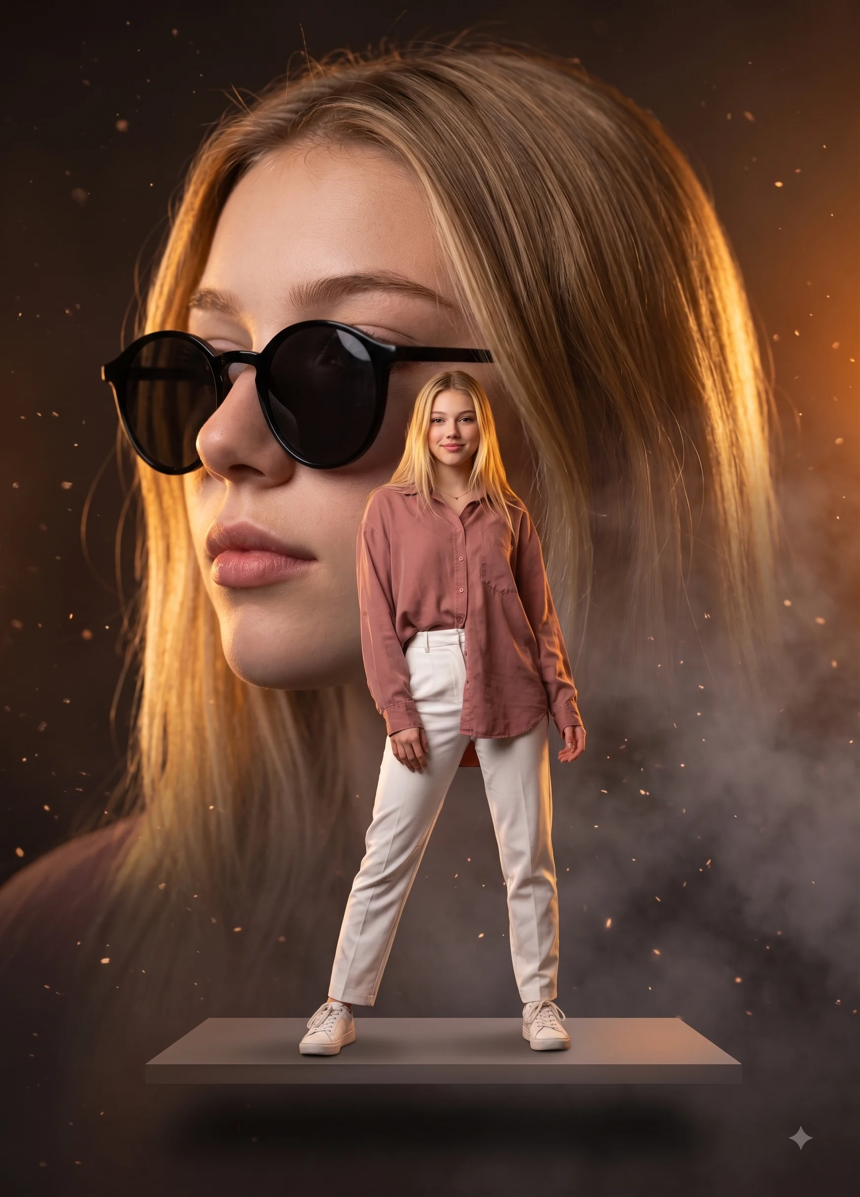 Full-body woman in dusty rose layered before a giant sunglasses portrait in a dark poster