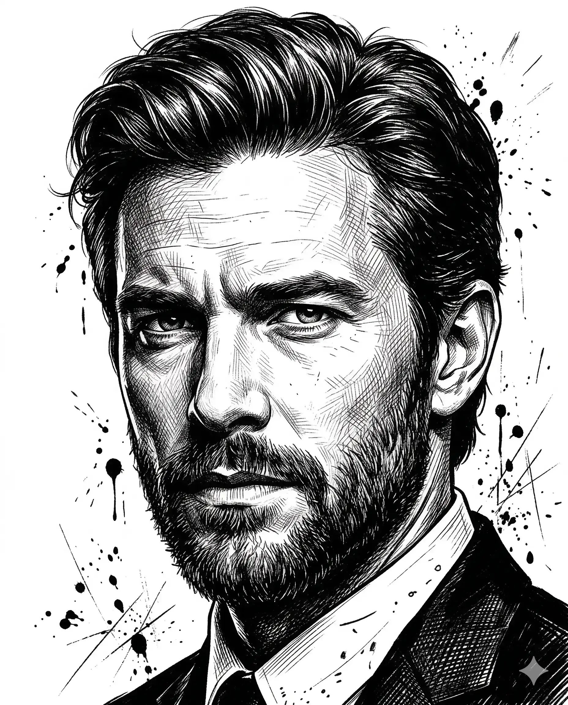 Intense bearded man in a suit rendered with sharp monochrome hatching and ink splatters