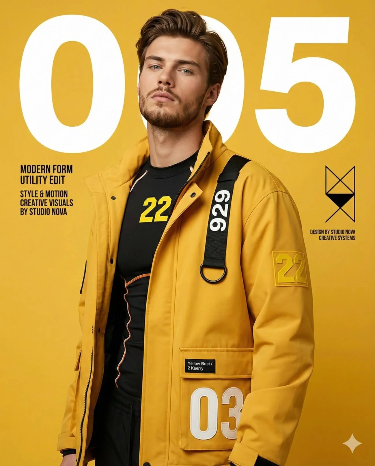Confident person wearing an oversized yellow utility jacket with black straps and graphic details
