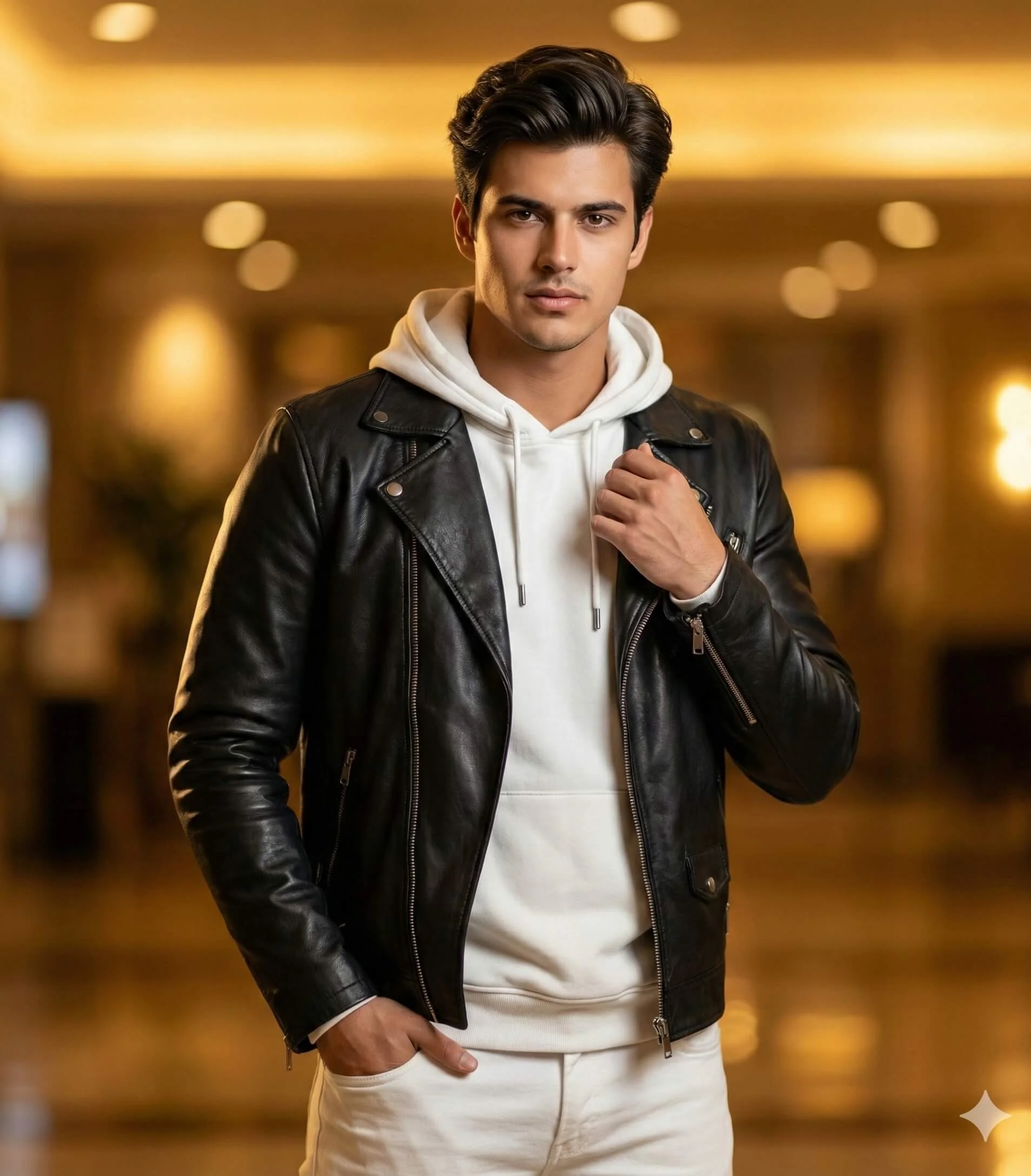 Stylish man adjusting a black leather jacket over a white hoodie under warm lights