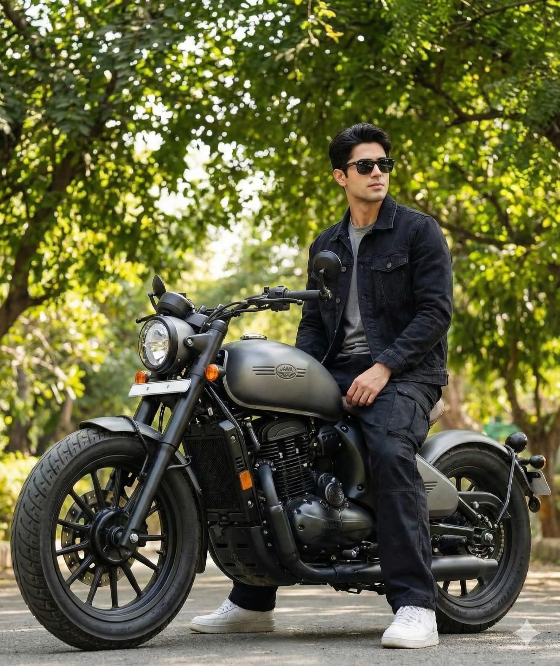 Stylish man in black streetwear seated on a grey bobber motorcycle under green trees