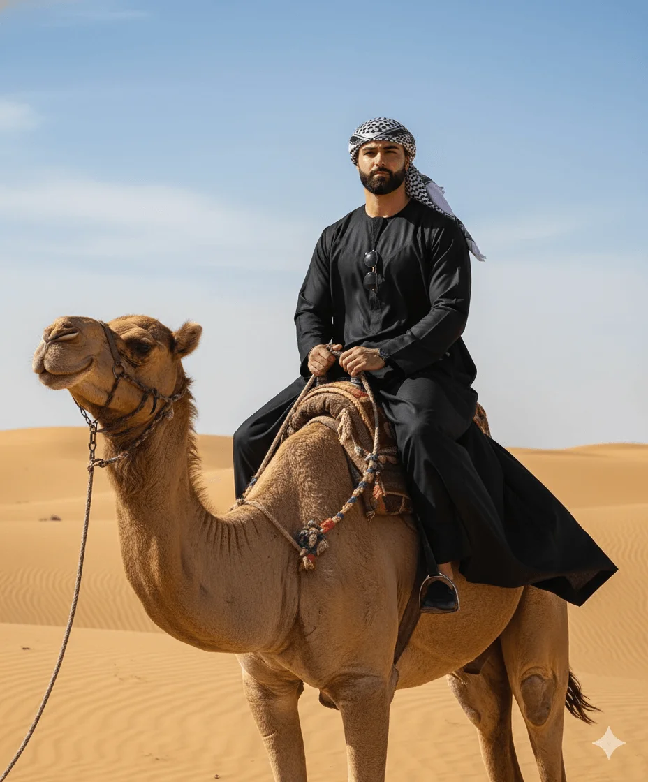 Man in a black thobe and keffiyeh riding a camel across golden desert dunes