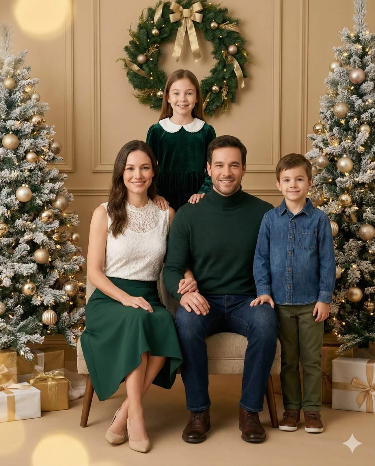 Family of four posing together in a warmly lit Christmas studio portrait