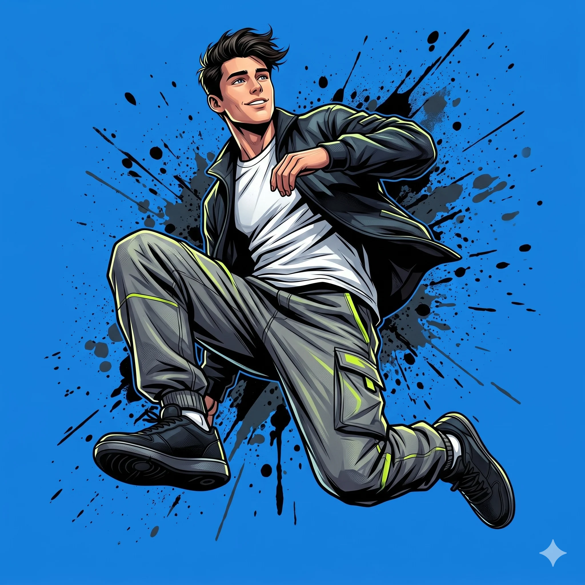 Streetwear-clad man leaping against a vivid blue background with black paint splashes