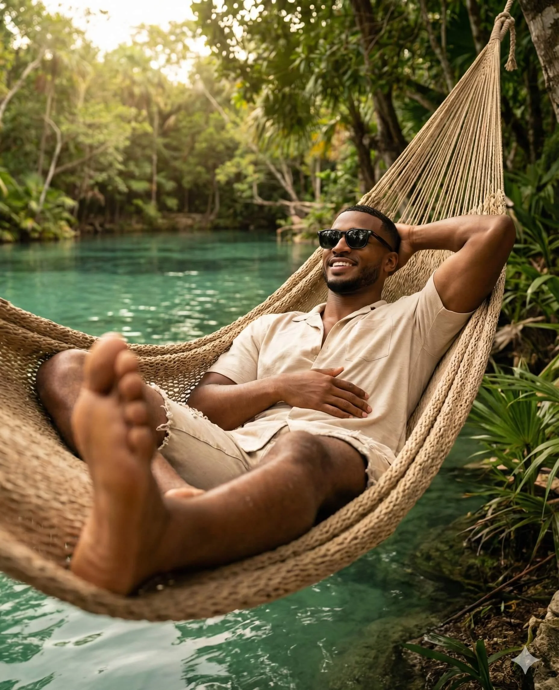 Man relaxing on a woven hammock above a turquoise lagoon surrounded by greenery