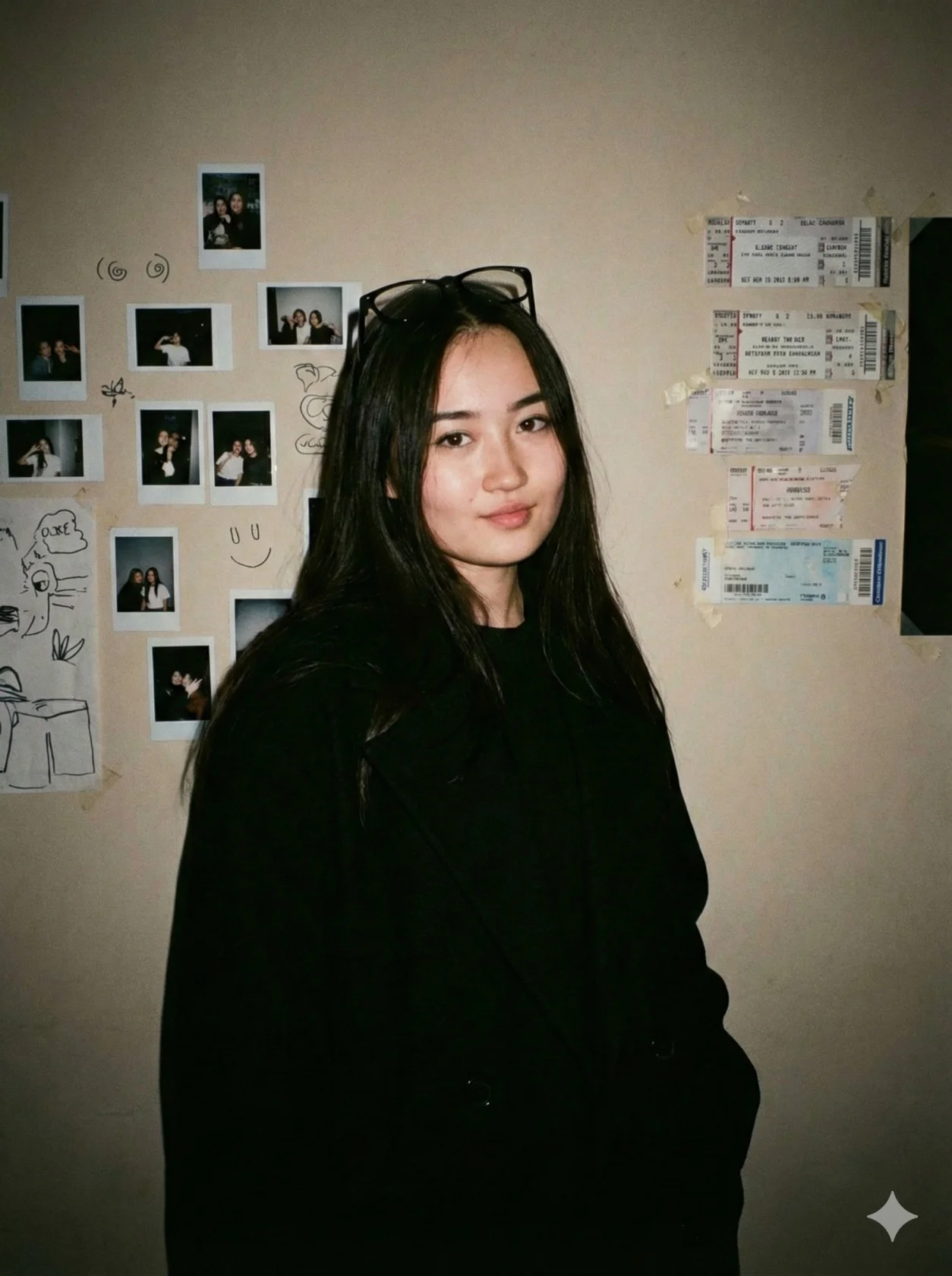 Woman in an oversized black coat posing against a wall of Polaroids and concert tickets