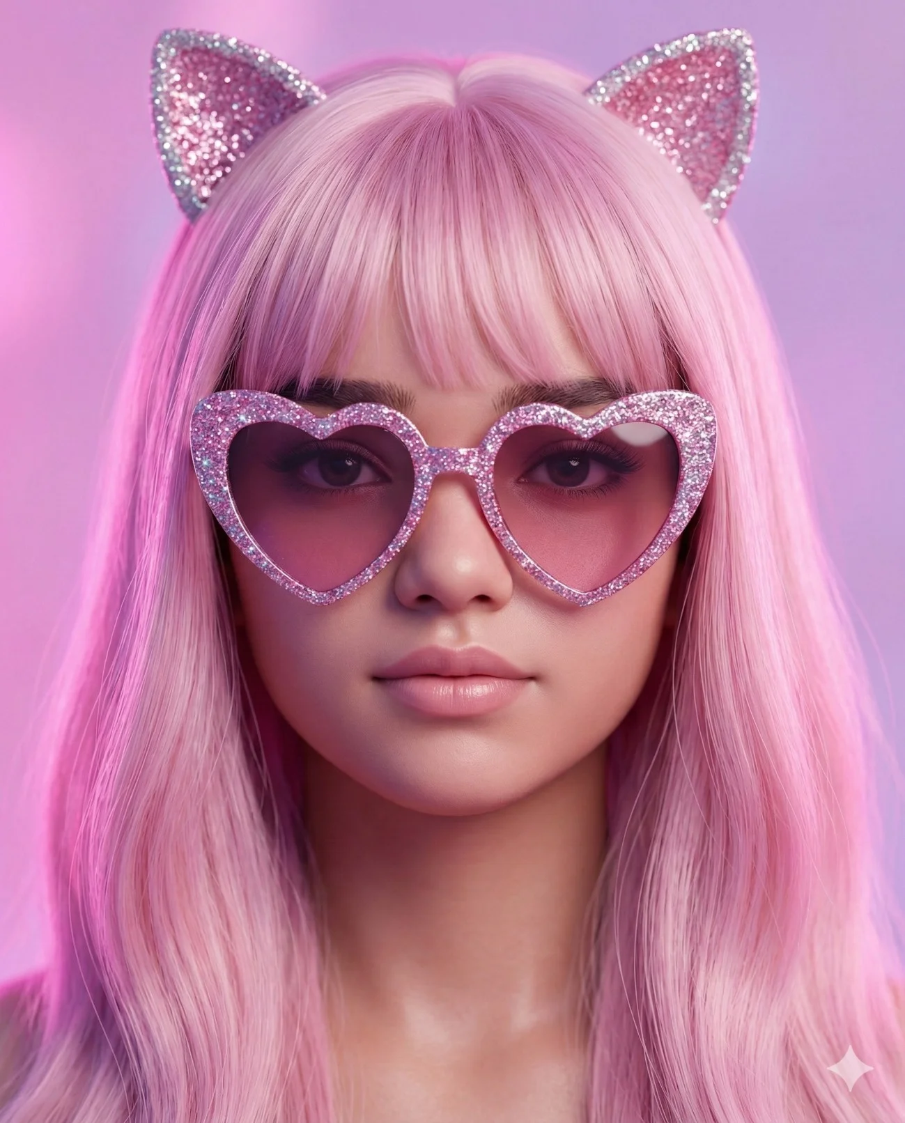Woman with pastel-pink hair wearing glitter cat ears and heart-shaped sunglasses