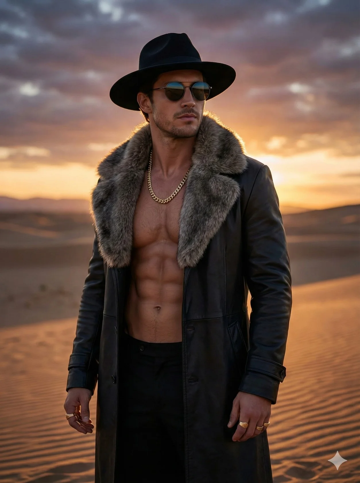 Muscular man in an open black leather coat with a fur collar standing in the desert
