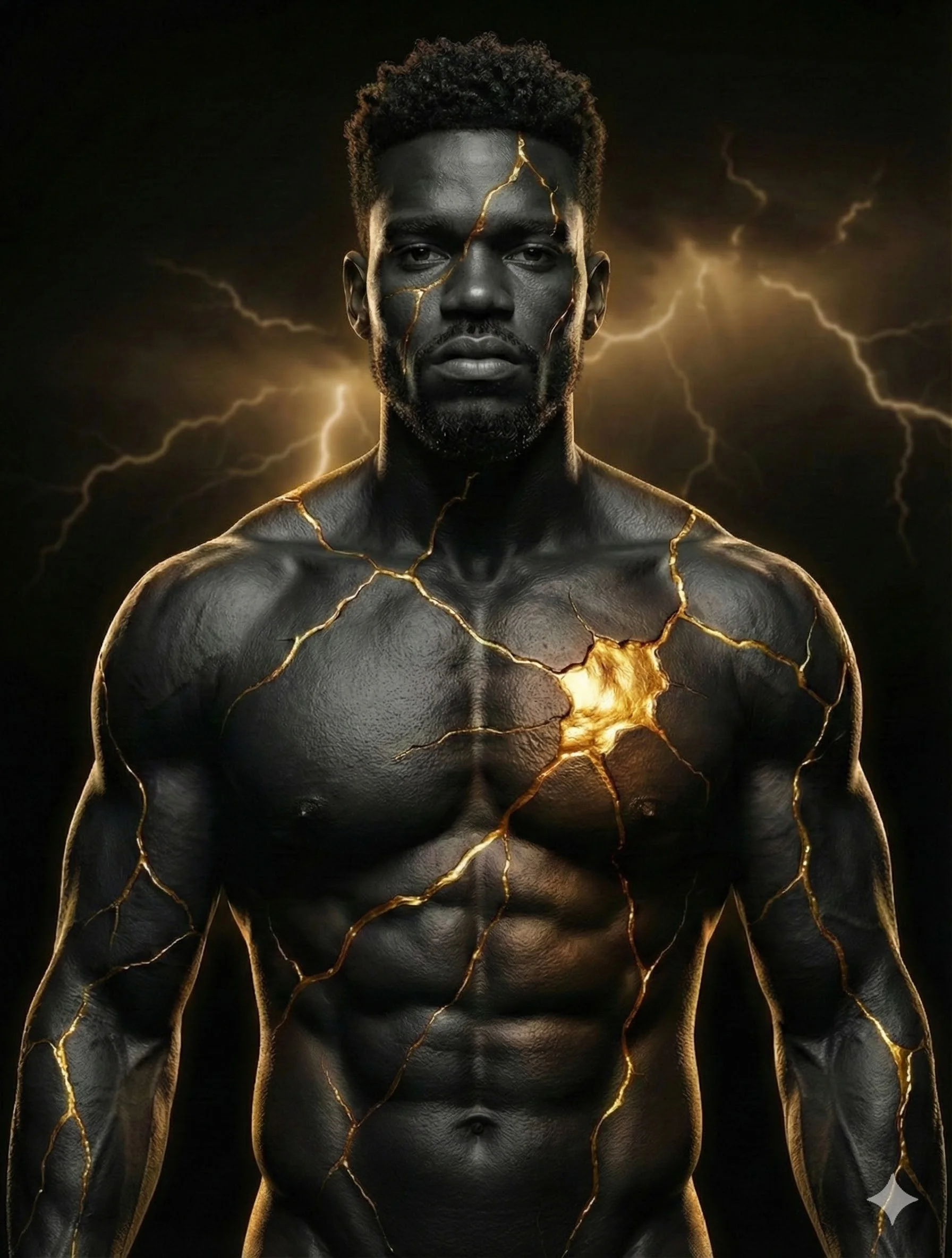 Muscular man with dark sculptural skin crossed by luminous golden kintsugi lines