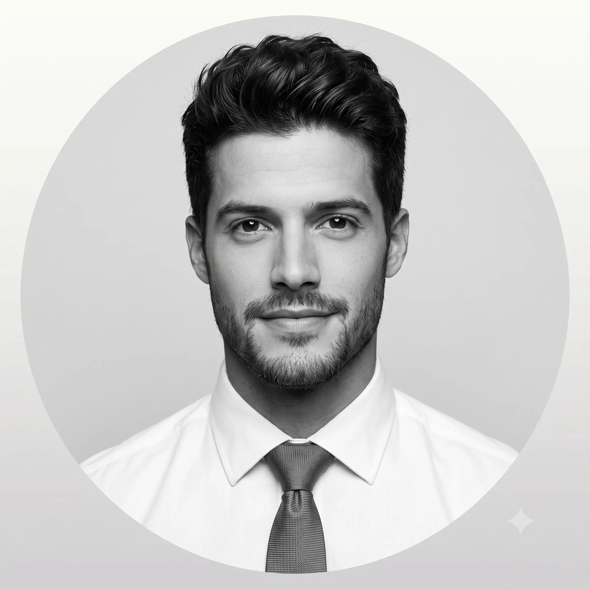 Professional subject in a white shirt and tie centered inside a circular monochrome portrait frame