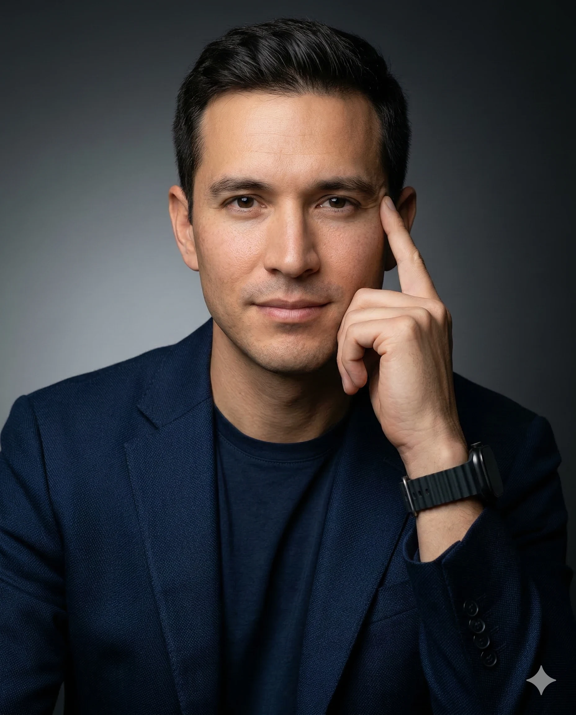Man in a navy blazer and black shirt touching his temple in a professional studio portrait