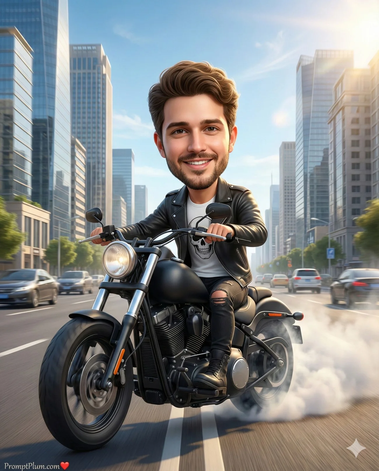 Smiling 3D bobblehead biker performing a burnout on a black cruiser in a modern city