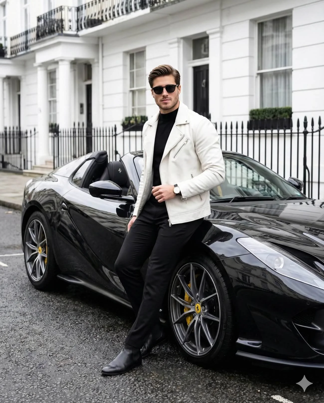 Man in a white leather jacket leaning beside a black convertible on an elegant city street