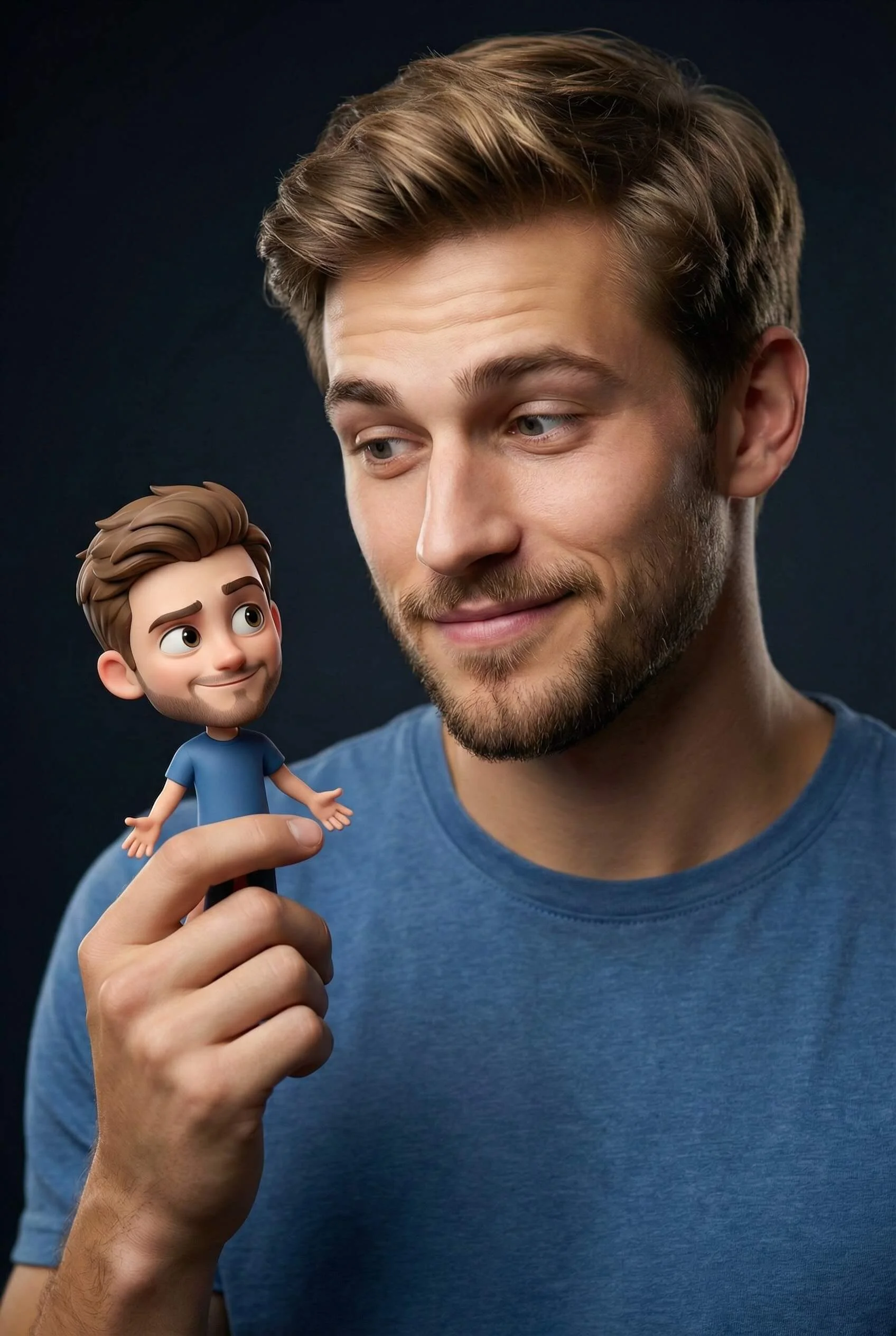 Man looking with amusement at a tiny lifelike version of himself balanced on his fingers