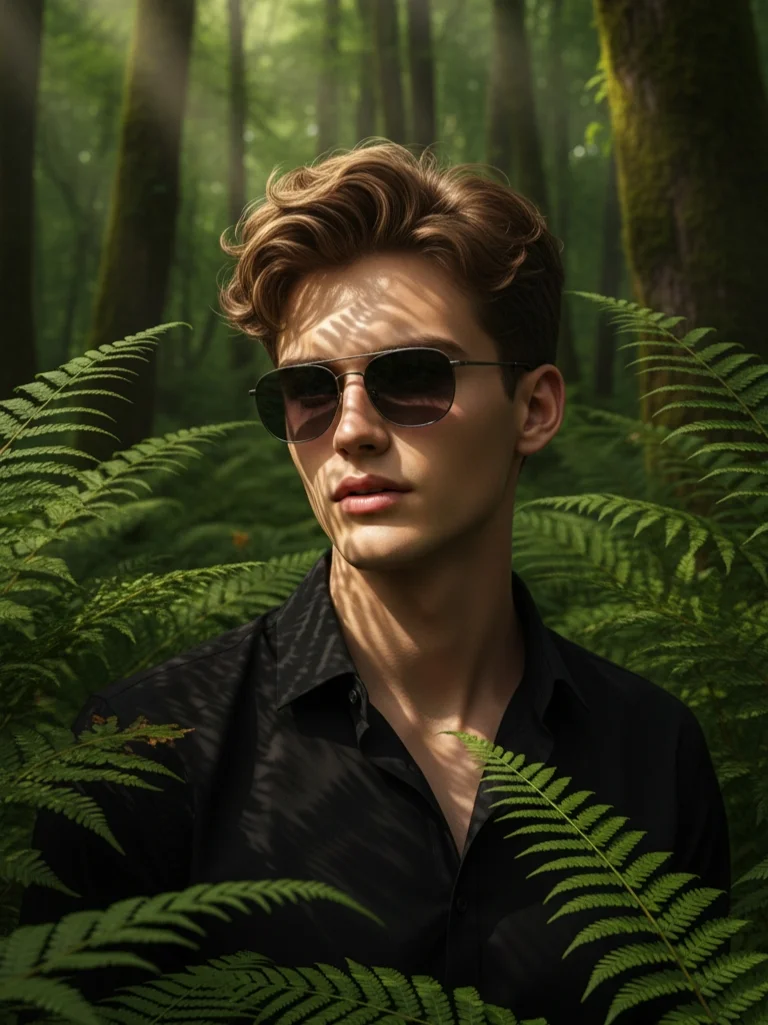Man in sunglasses framed by green ferns with leaf shadows cast across his face