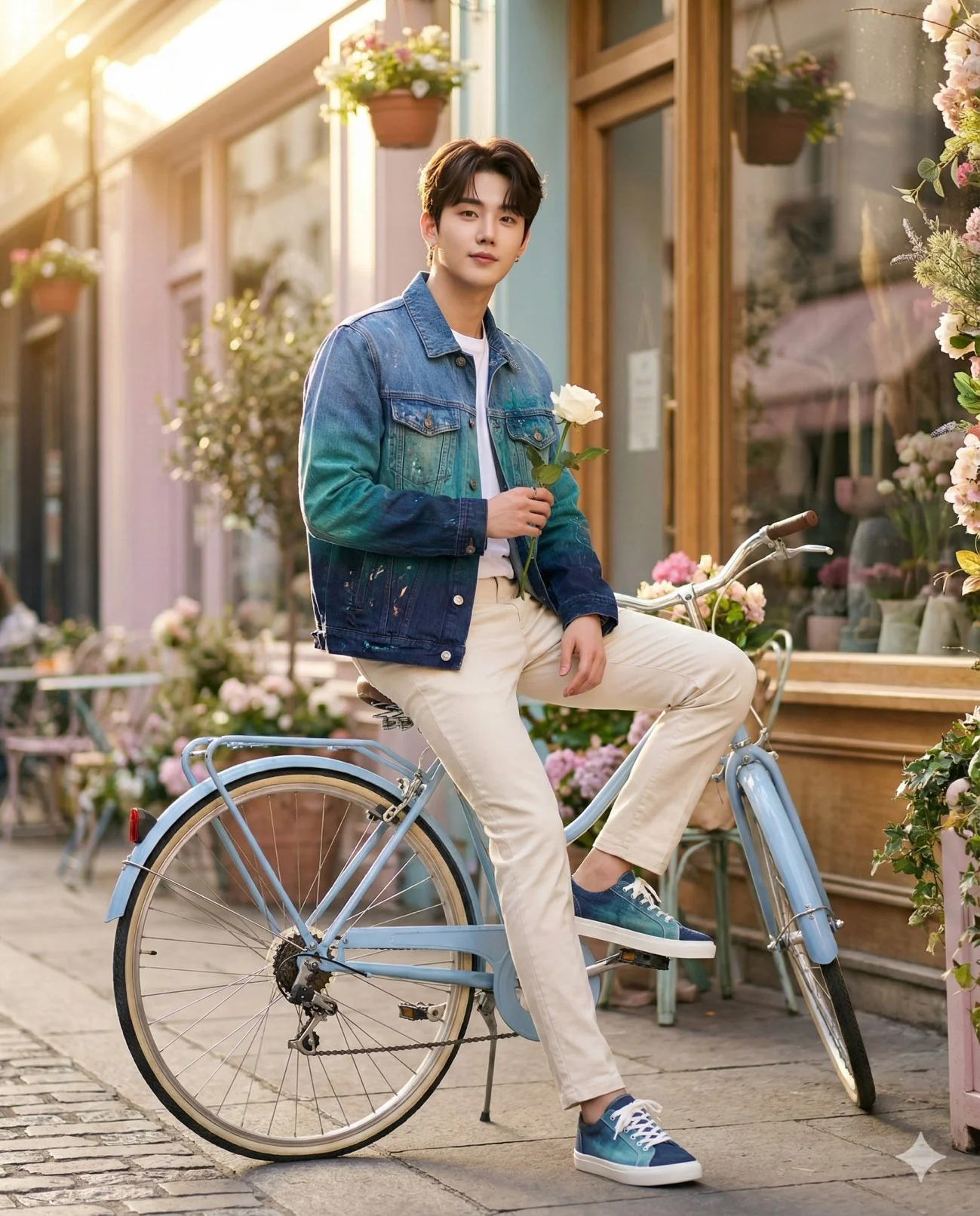 Young man holding a white rose while seated on a pastel-blue bicycle outside a floral café