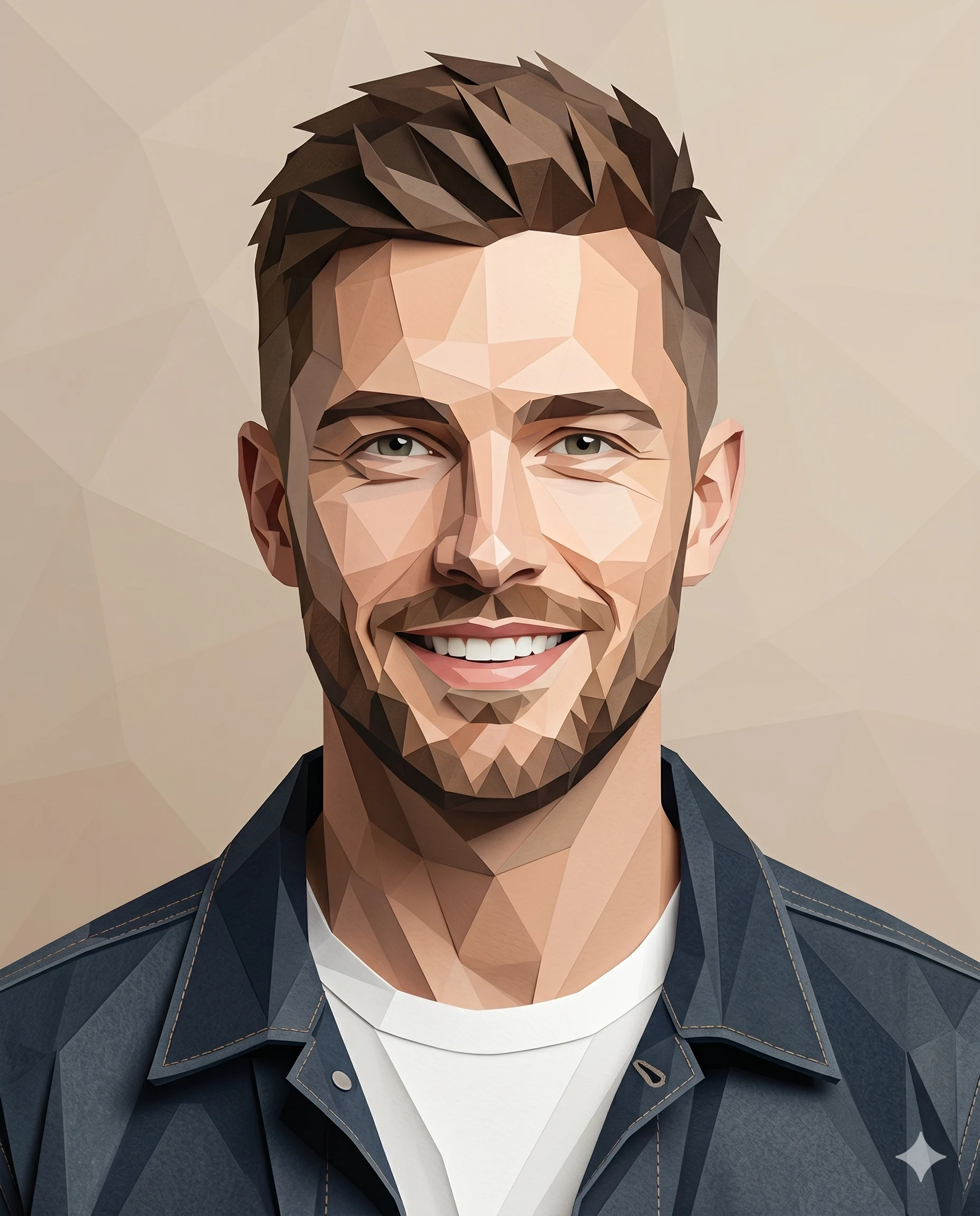Smiling person rendered as a centered low-poly geometric portrait on a neutral background