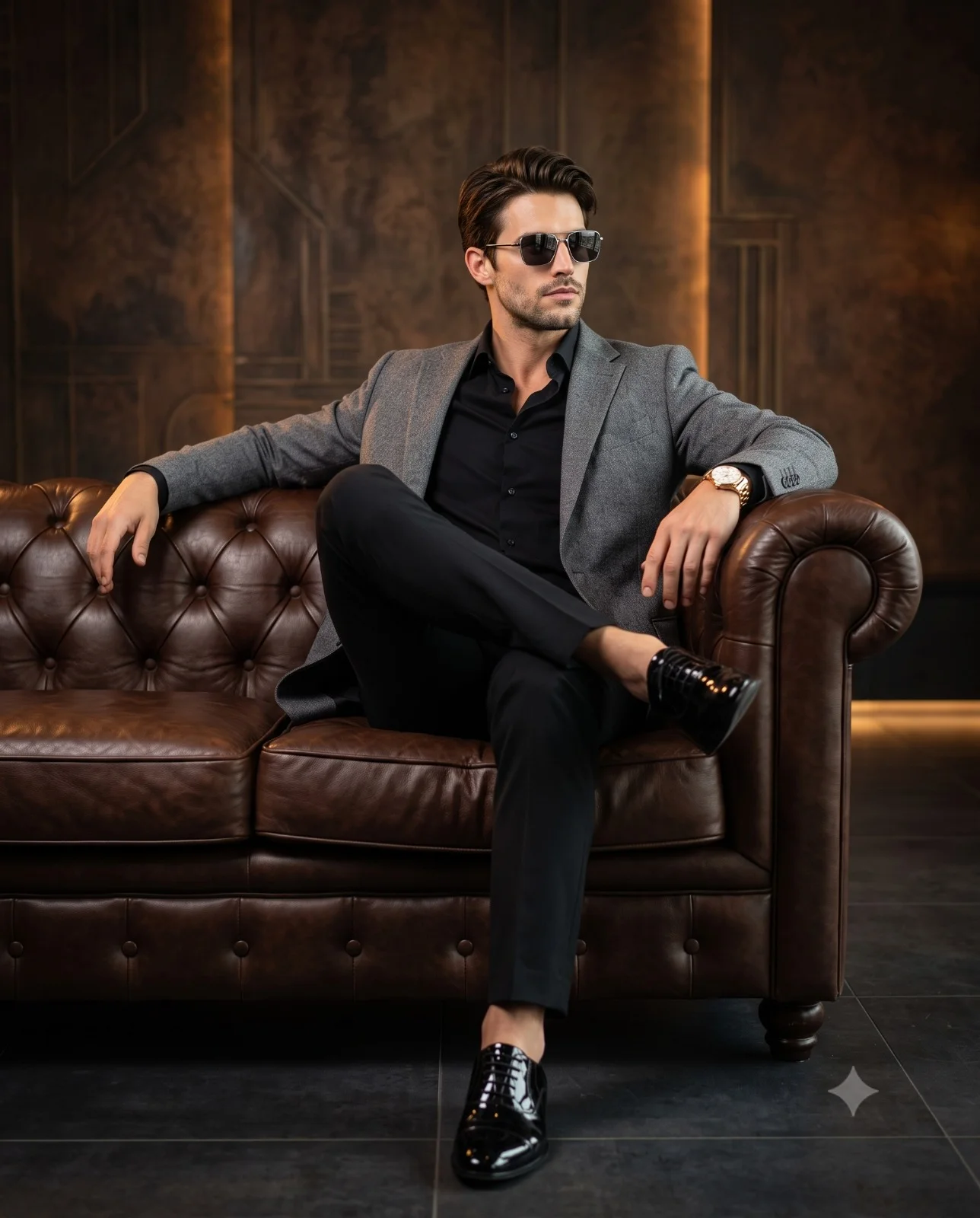Man in a gray blazer and sunglasses seated on a tufted brown leather sofa