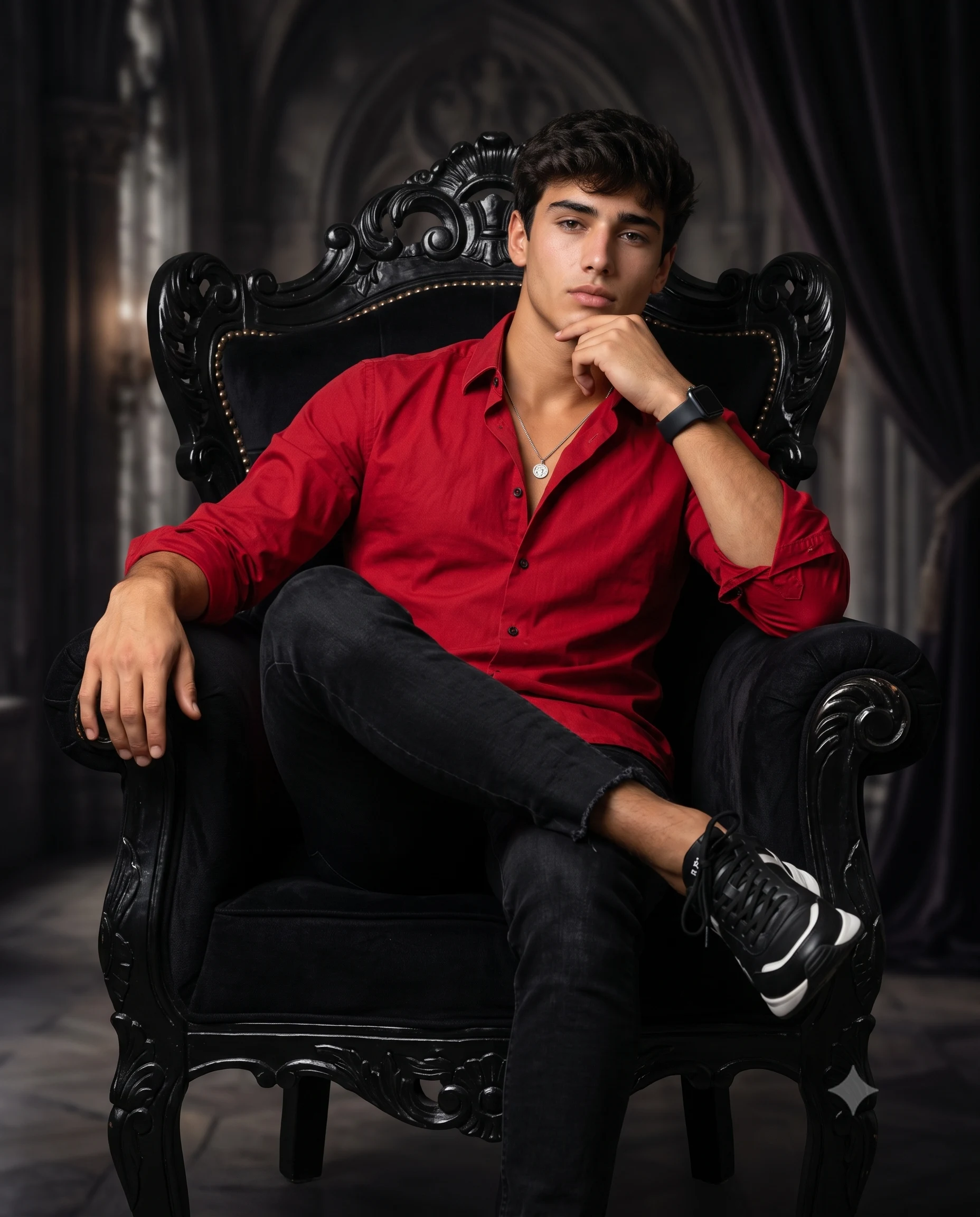 Man in a bright red shirt seated confidently on an ornate black throne chair