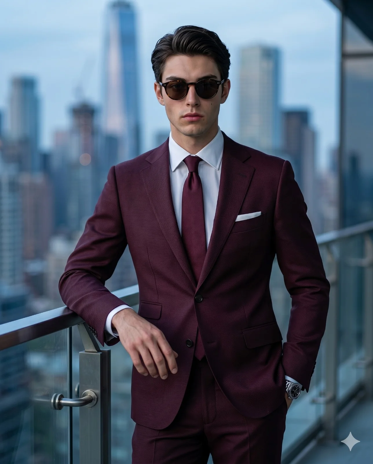 Man in a burgundy suit and sunglasses posing beside a glass balcony above a city skyline