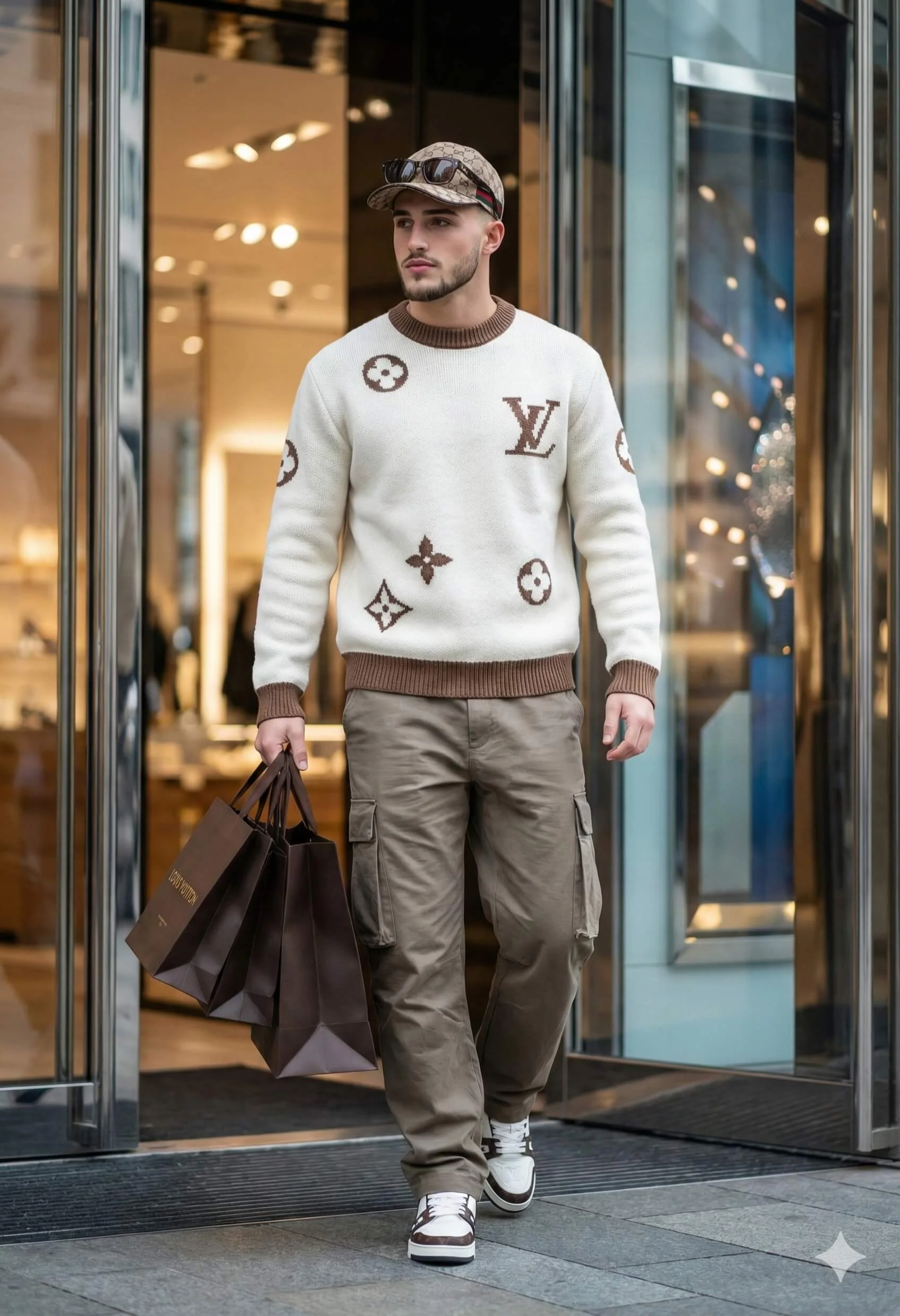 Young man in cream monogram knitwear carrying shopping bags outside a luxury mall