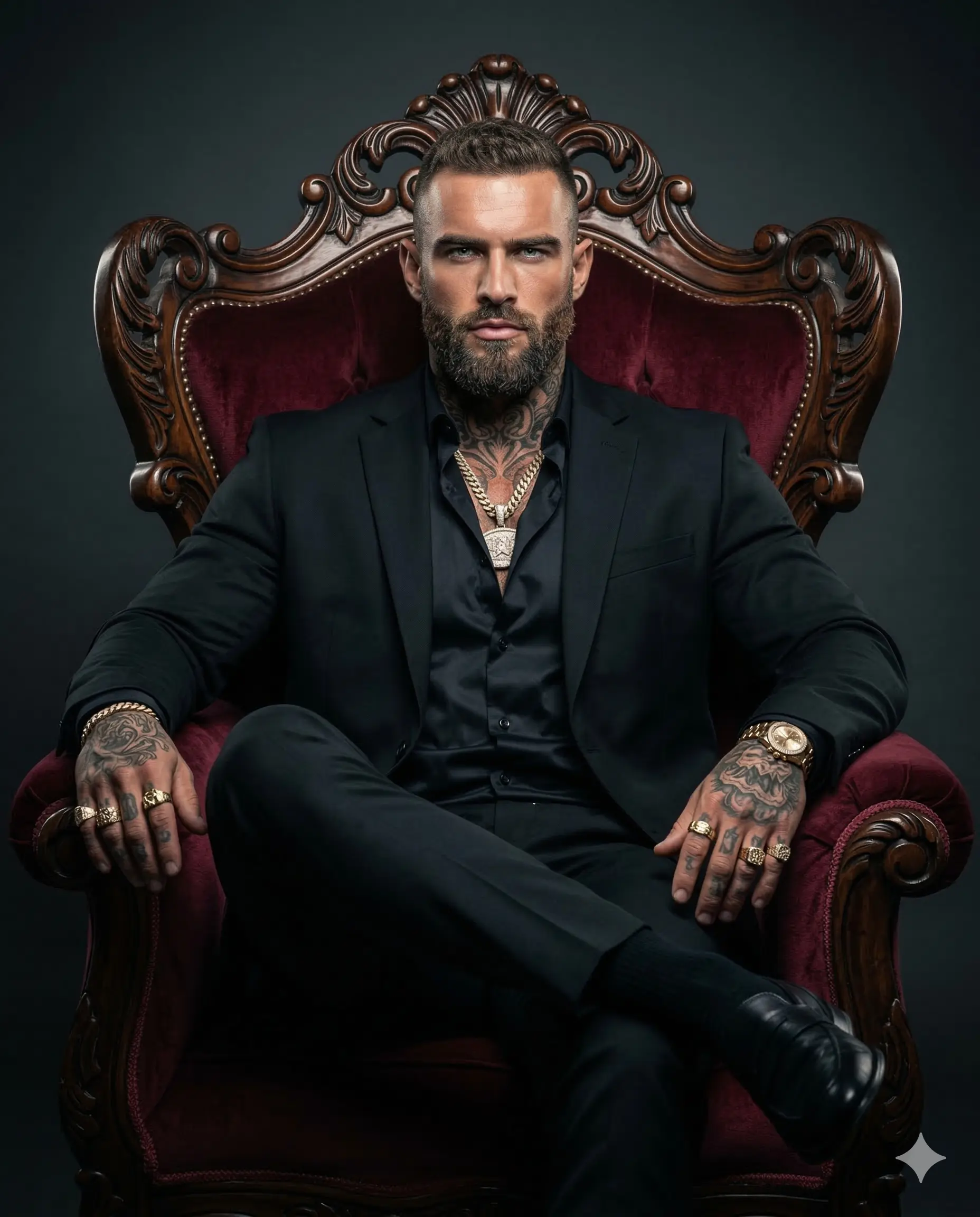 Tattooed man in a black suit and gold jewelry seated on a burgundy velvet throne